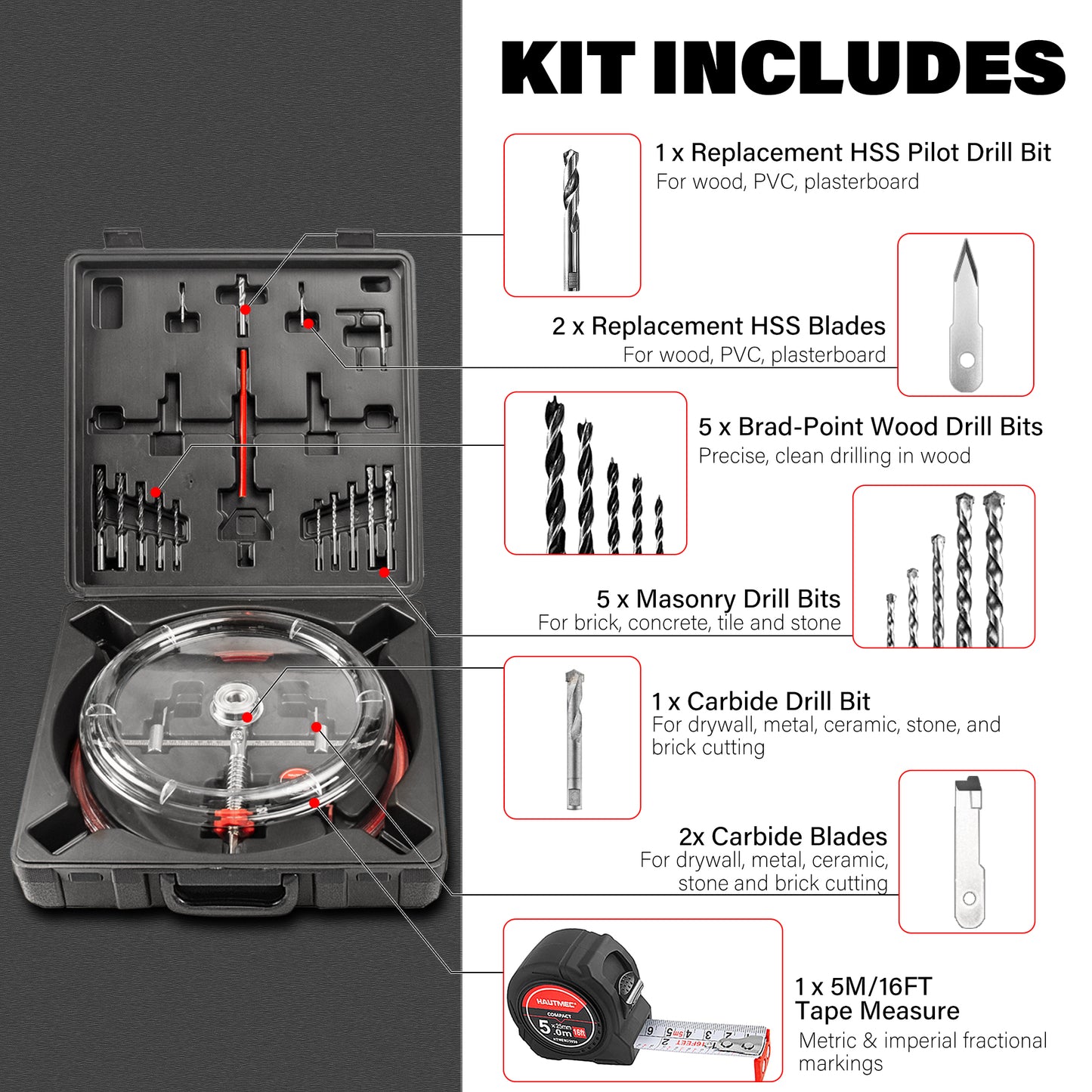 HAUTMEC Adjustable Hole Saw Cutter Kit, 1.6"–11.8"(40–300mm) Large Size, Heavy-Duty Bi-Metal Hole Cutter with PC Dust Shield, Adjustable Arbor & Pilot Bit for Wood, Plastic, Drywall – HTHOH25014