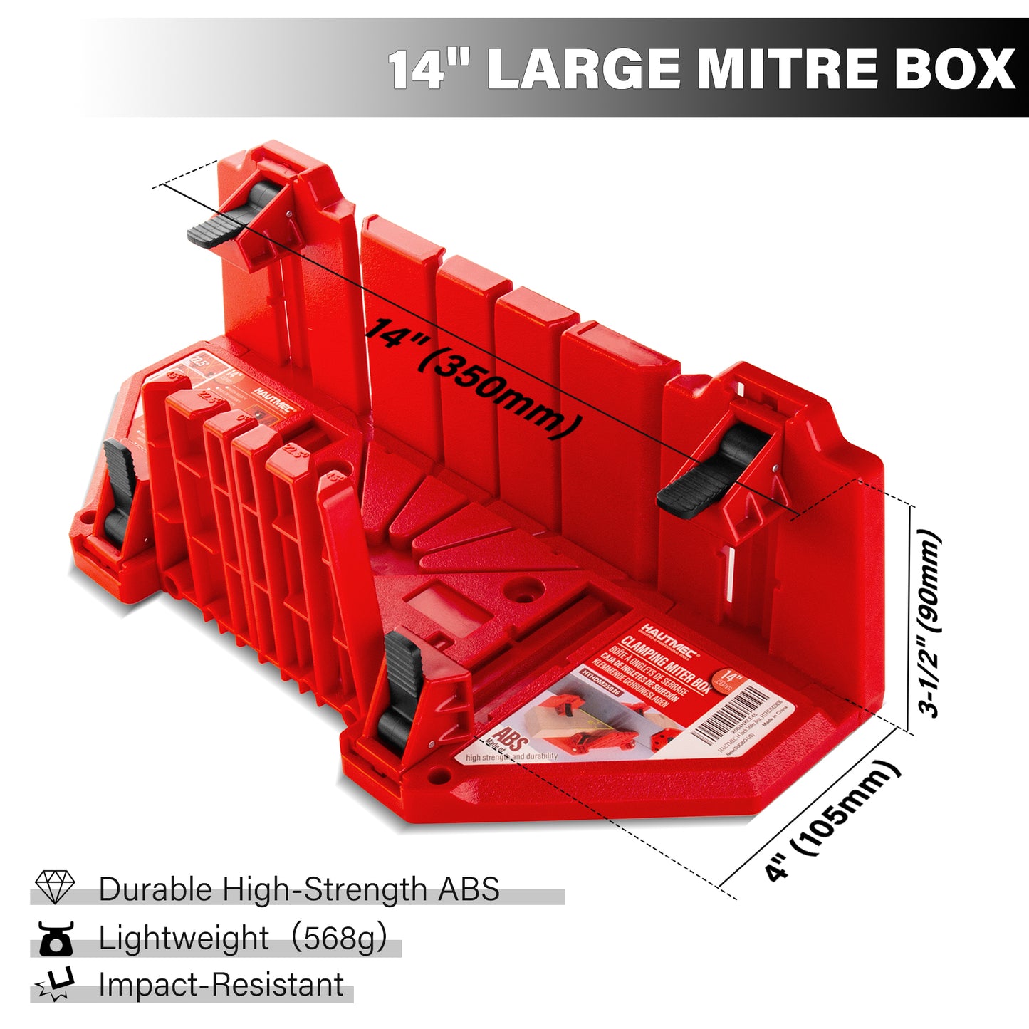 HAUTMEC 14 Inch Clamping Miter Box with Adjustable Jaw & 4 Anti-Slip Clamps, Heavy Duty ABS Mitre Saw Box with 22.5°, 45°, 90° Cutting Angles for Woodworking, Trim, Frames, DIY Projects – HTHDM25036
