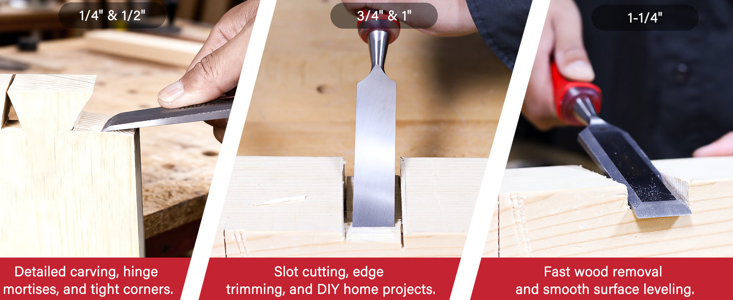 HAUTMEC 5 Piece Wood Chisel Set for Woodworking & Carving. Drop-Forged CR-V Steel Beveled Edge Blades with Ergonomic Non-Slip Handles and Heavy-Duty Strike Caps– HT0365
