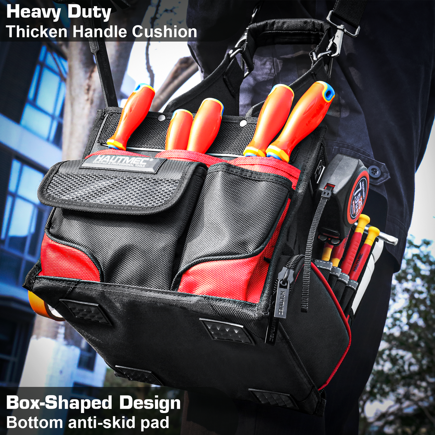 HAUTMEC Electrician Tool Bag with Parts Tray, Heavy-Duty 37-Pocket Open Top Tool Tote, Reinforced Base, Water-Resistant, Adjustable Shoulder Strap – HT0174