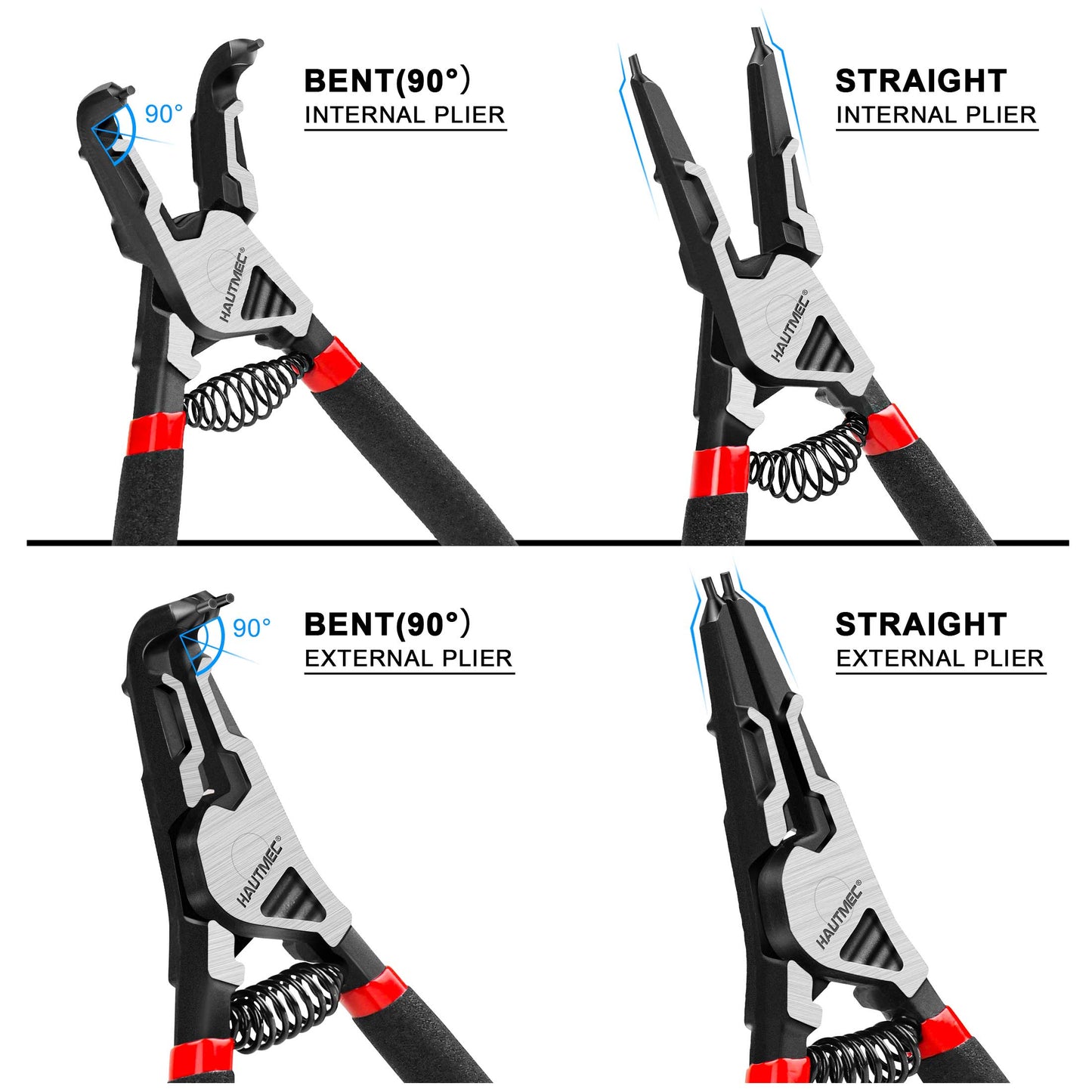 HAUTMEC 4PCS High Leverage Snap Ring Pliers Set,7 inches Internal/External Heavy Duty Circlip Pliers HT0280