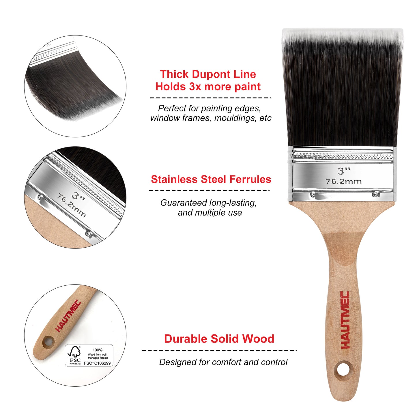 HAUTMEC Paint Brushes,4 Pk Treated Wood Handle Stain Paint Brush Set HT0029-PT