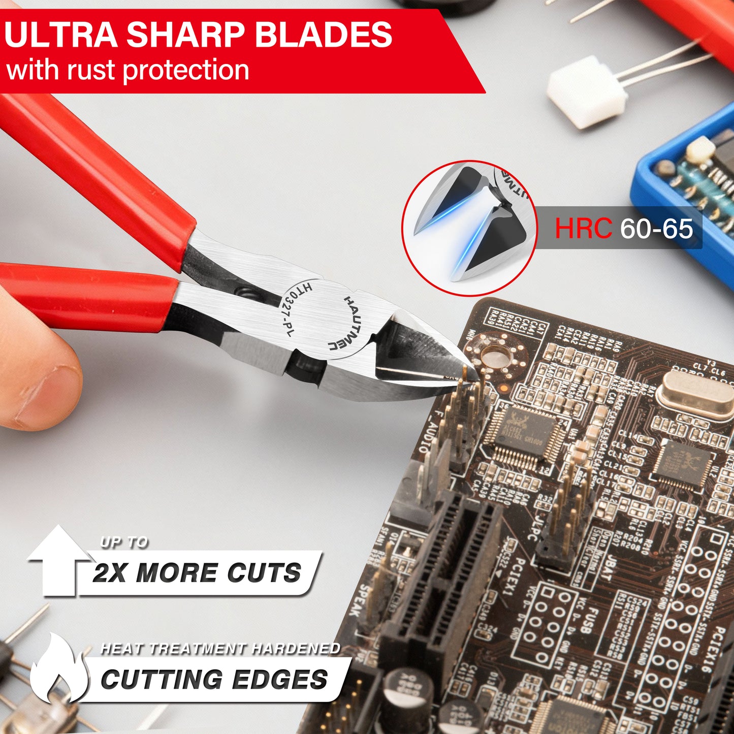 HAUTMEC 5" Precise Small Flush Cutting of Engineer Wire Cutter Plier 2PCS with Location Pin for Fine Shearing, Perfect for Circuit Board Cutting, Electronic Components, HT0327-2PC