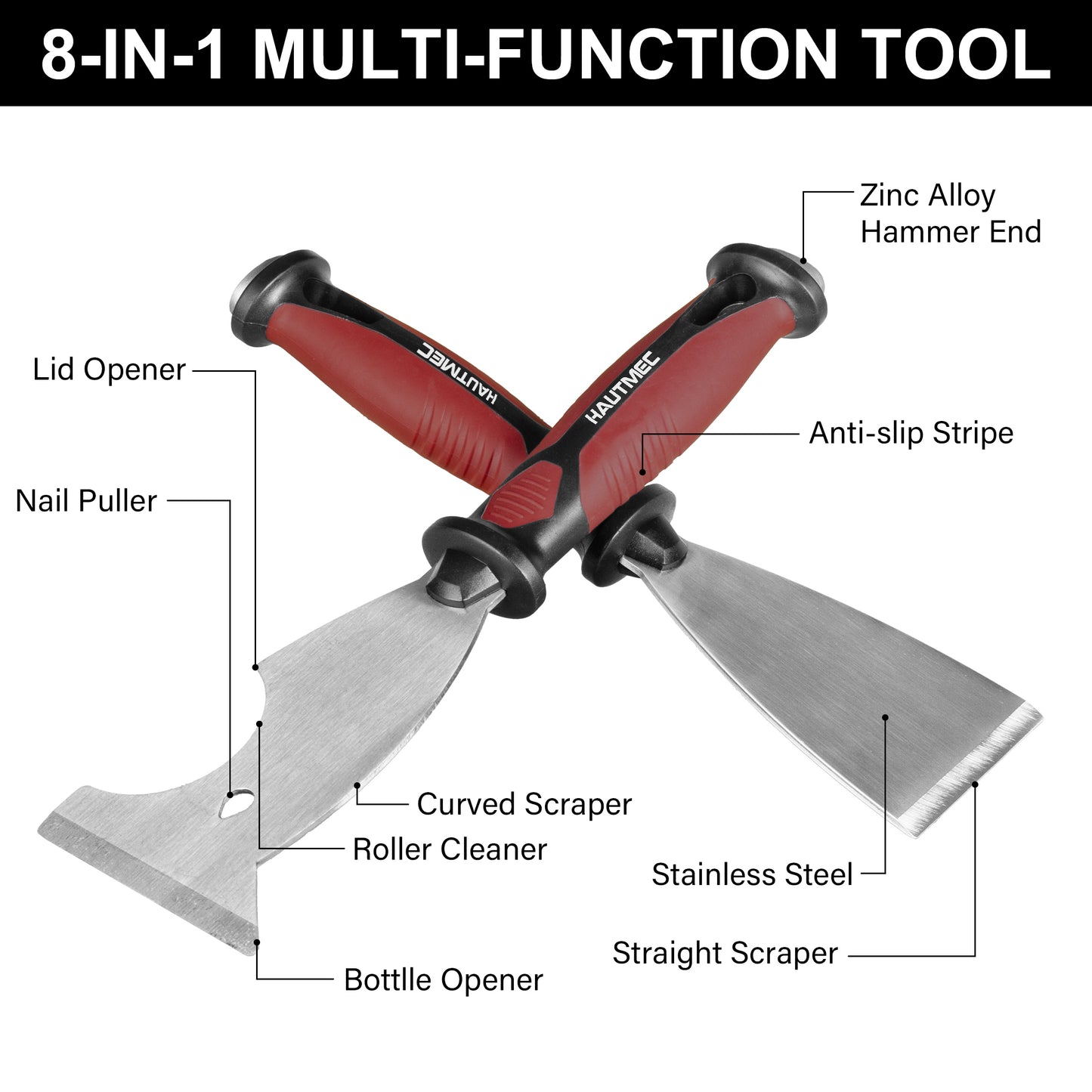 HAUTMEC Putty Knife 4 PC Set, 1.25",2",3" Paint Scraper & 3" 8-in-1 Paint Stripper, Heavy Duty Stainless Steel Blade and Hammer End for Removing Wallpaper, Plaster, Cement HTPSH25060