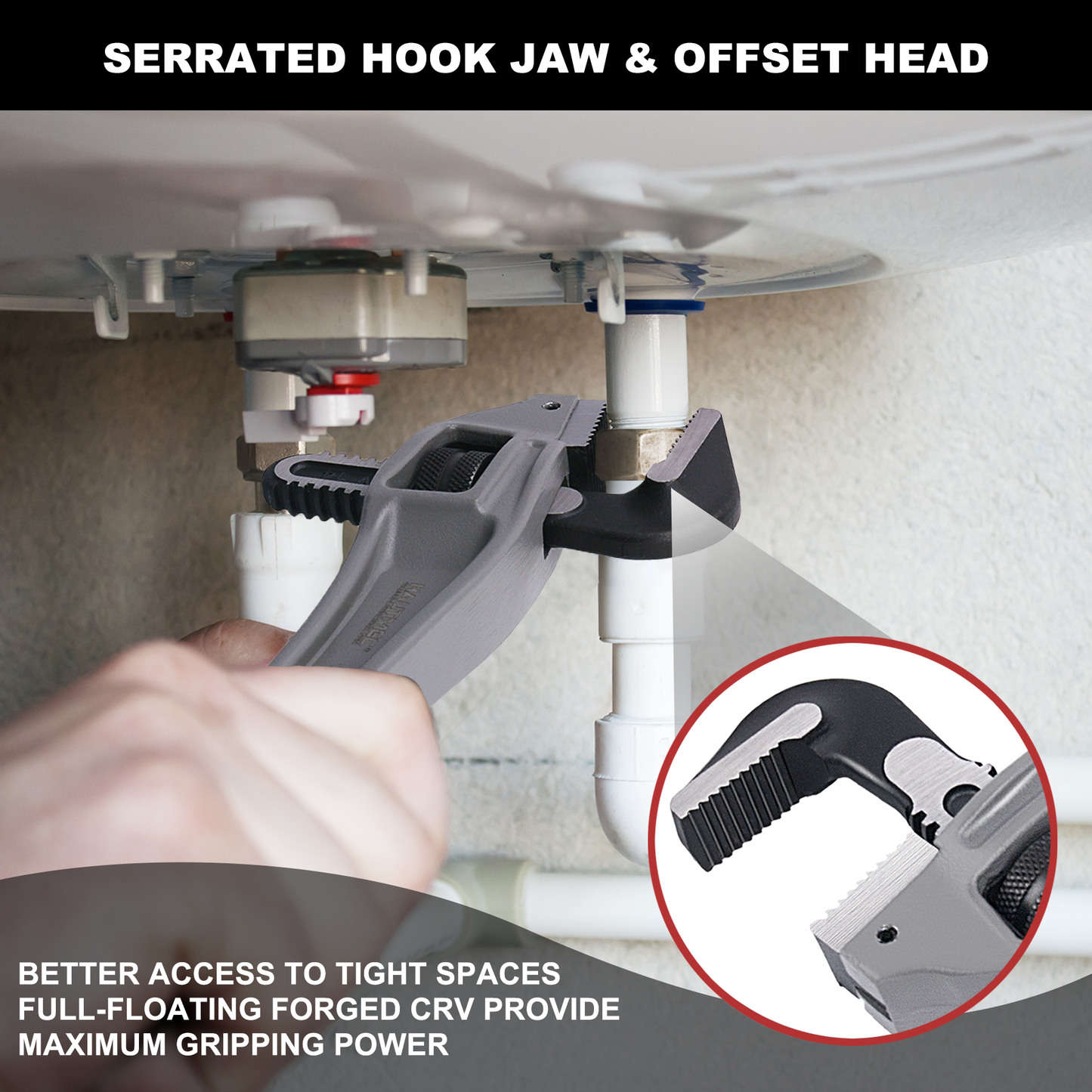 HAUTMEC 14 Inch Aluminum Offset Pipe Wrench, Heavy Duty Adjustable Plumbing Wrench, 2" Jaw Capacity, 40% Lighter Drop Forged Construction, for Use in Tight Spaces HT0189