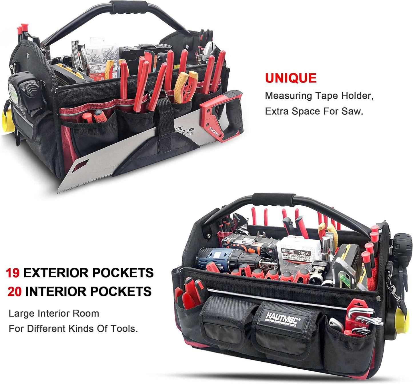 HAUTMEC Open Top Electrician Tool Bag with Rotating Handle, Heavy Duty Multiple 39 1680D Pockets, 18" (47cm) Wide Stiff Frame Tote Bag, Electrical and Maintenance Tote Tool Box HT0178-TB