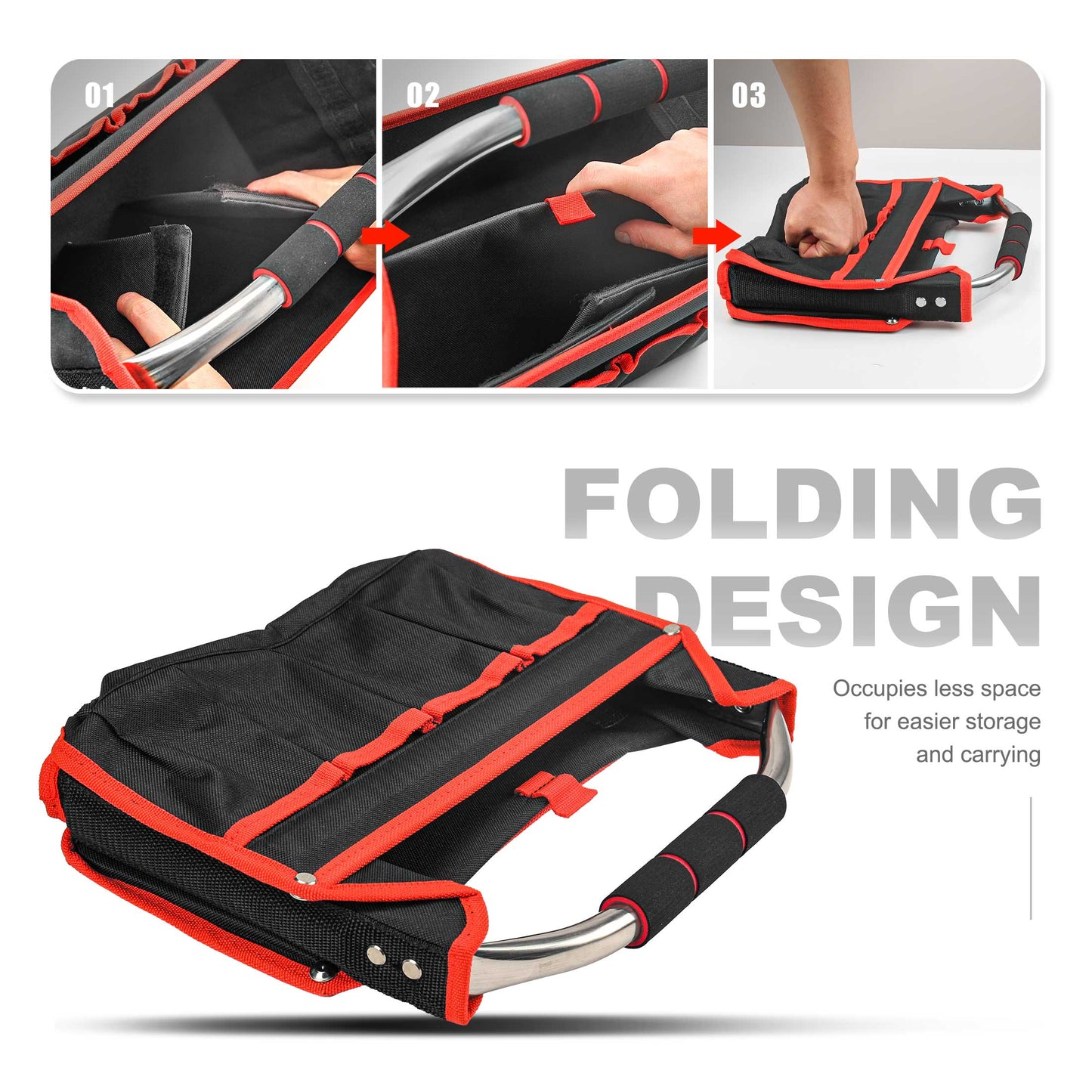 HAUTMEC 13-Inch Foldable Open Top Tote Bag, 8-Pocket Wide Mouth Tool Bag, Tubular Steel Heavy Duty Electrician Tool Bin for Tool Organization and Storage TB0001