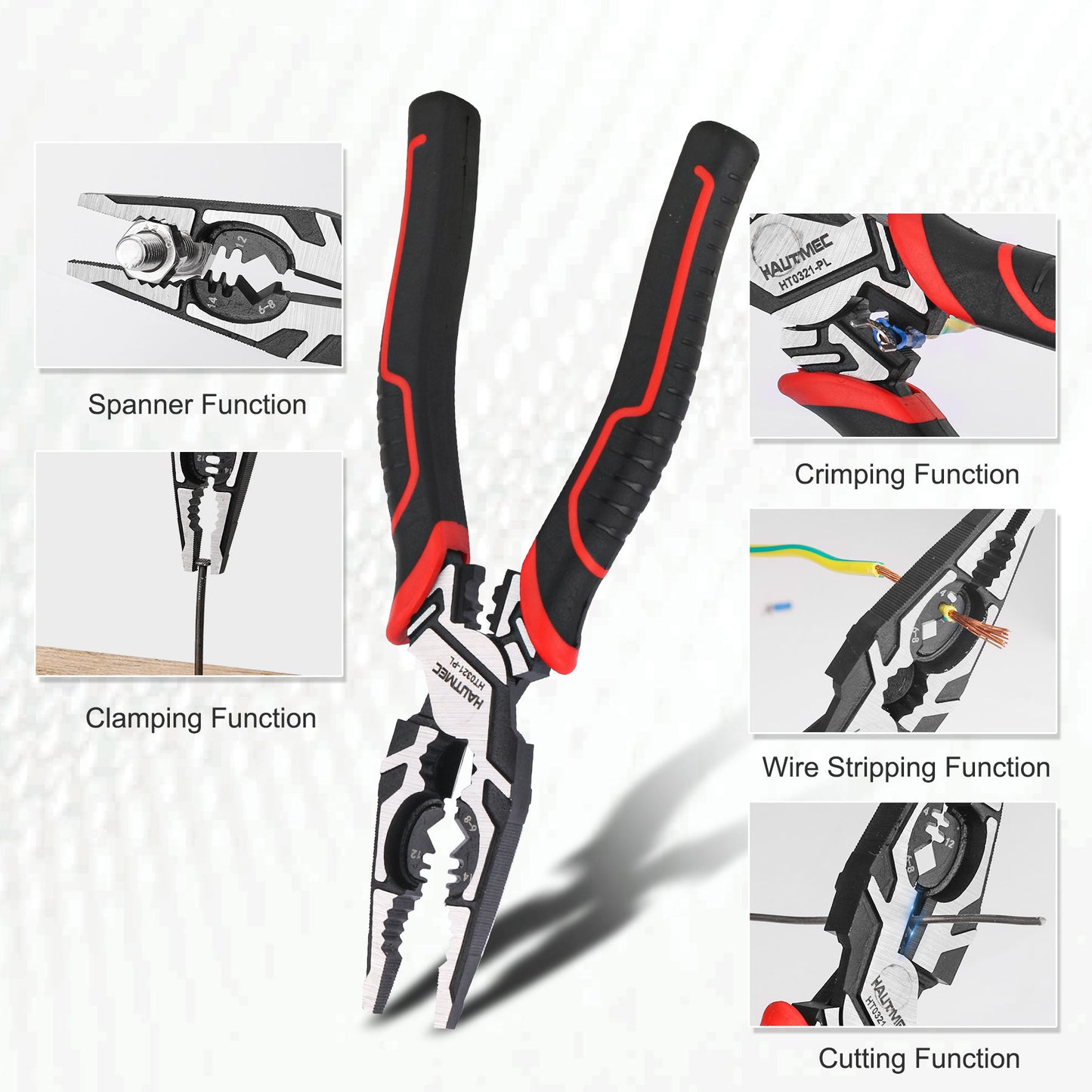 HAUTMEC Pro 8" Multifunctional Combination Linesman Plier with Cable Cutter, Wire Stripper, Terminal Crimping, Tool Clamping and Spanner, High leverage of Eccentric Design HT0321