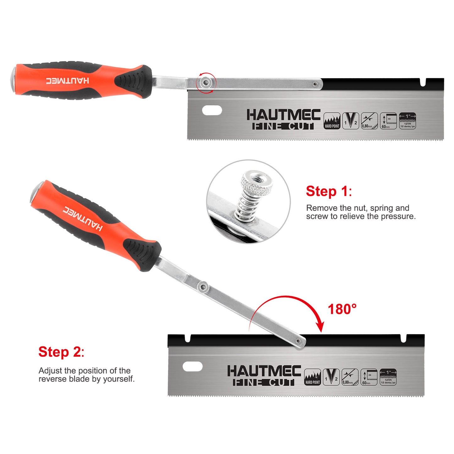 HAUTMEC 10" Reversible Dovetail/Jamb Saw, 12TPI Double Ground Teeth with Spring Loaded Design & Cranked Soft Handle for flush-cutting door jambs and millwork for tile installation and prep