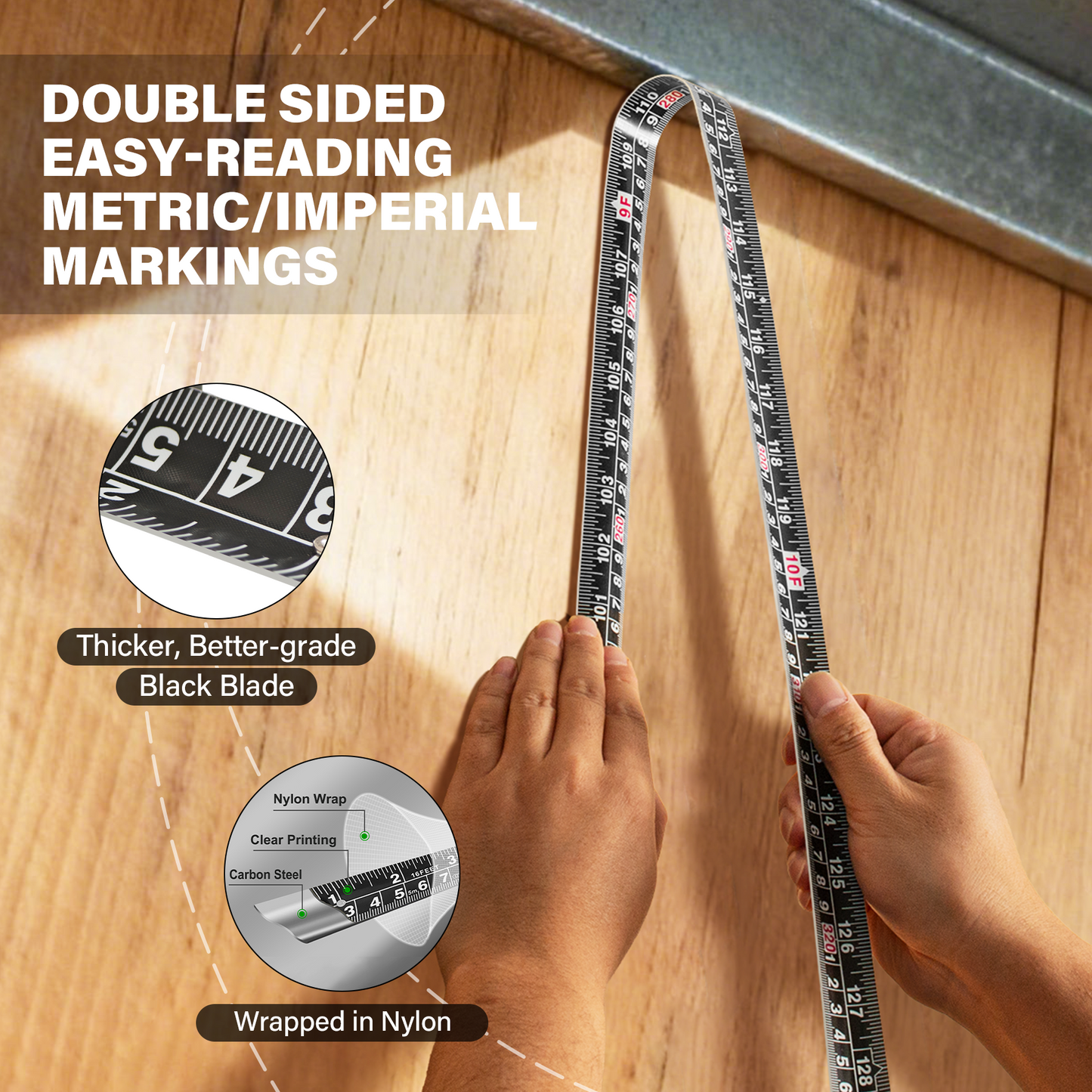 HAUTMEC Tape Measure 16ft/5m Dual Scale Metric Measuring Tape, Auto-Lock with Nylon Coated Blade & Rubber Case, for Construction, Woodworking, DIY HT0100