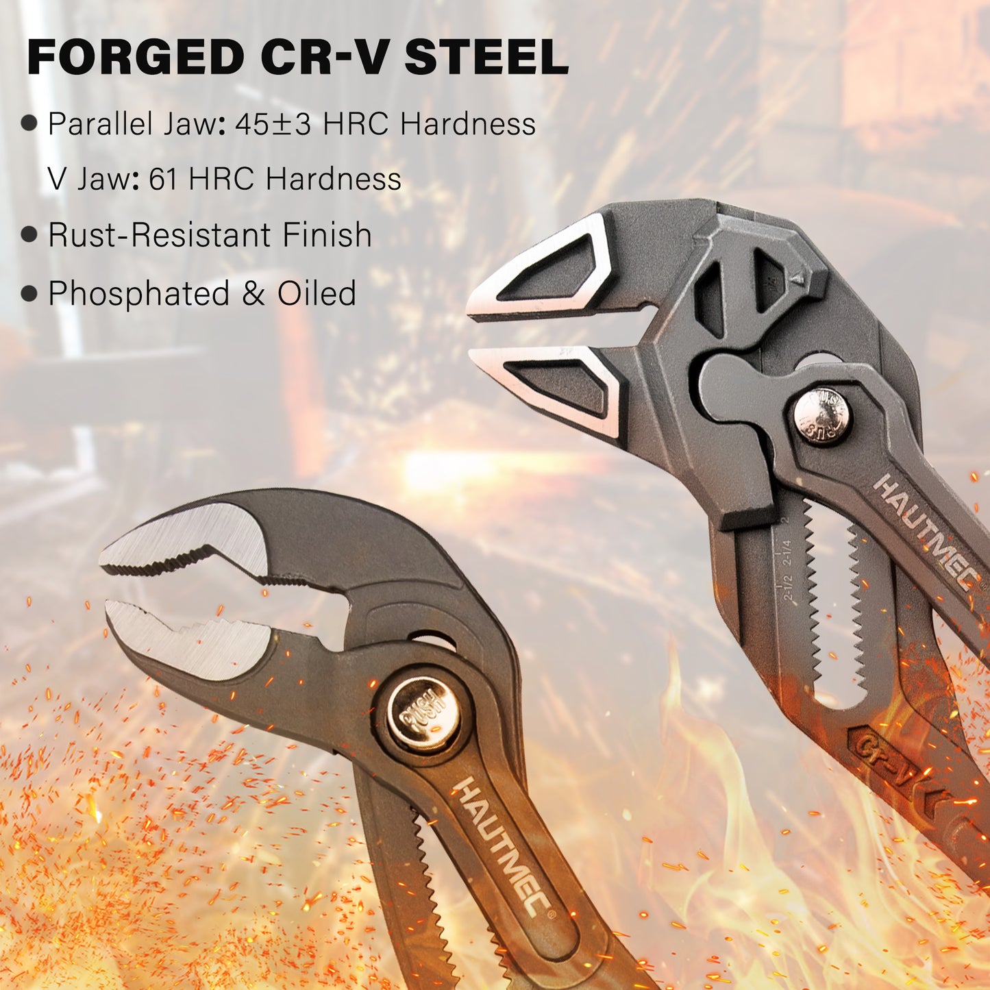 HAUTMEC  2-Piece 10 Inch Adjustable Pliers Wrench & Water Pump Pliers, Parallel Smooth Jaw & V-Jaw, CR-V Steel, Fast Adjustable Tongue and Groove Joint Pliers for Plumbing, Mechanical, Home Repair HTAWH25027