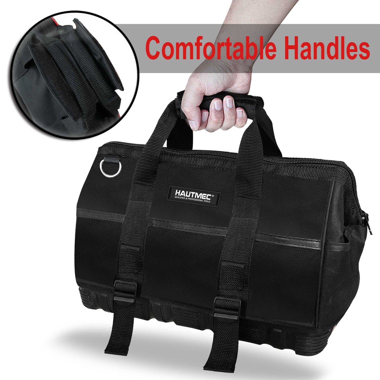 HAUTMEC 16-inch Heavy Duty Wide Open Mouth Tool Bag, Shoulder Organizer Bag with Water-Proof Molded Base, Double 600D Fabric, Black, HT0096-TB