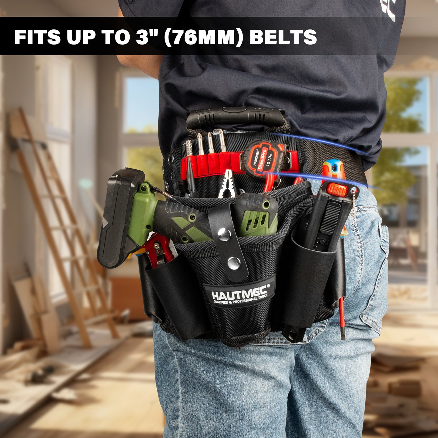 HAUTMEC Heavy-Duty Tool Pouch with Drill Holster, 1680D Tool Bag for Belt with Rubber Handle, 2 Main Compartments, 4 Leather Pockets, 11 Elastic Loops, Tape Measure Holder  – HT0410