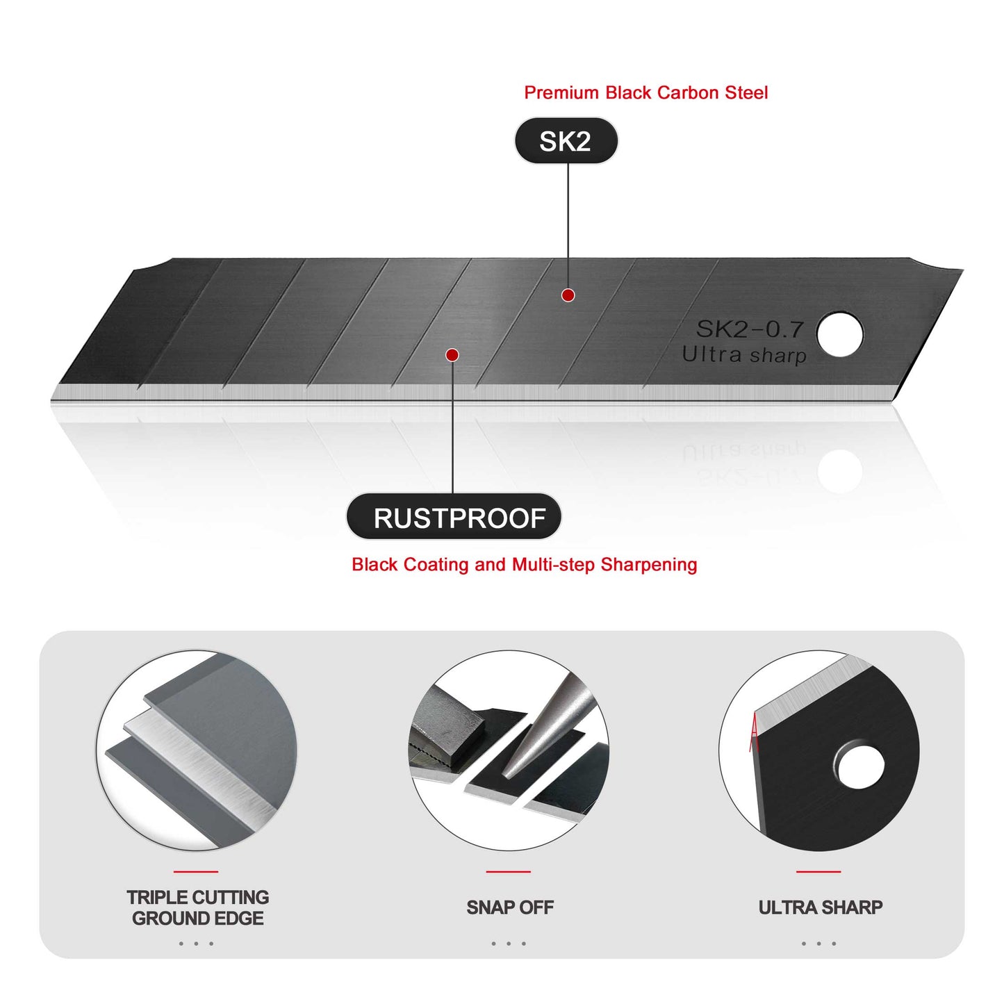 HAUTMEC Pro 18mm Black Auto-Lock Utility Knife Set Including 10pcs Ultra Sharp Black Snap-off Blades in Case, HT0094-KN