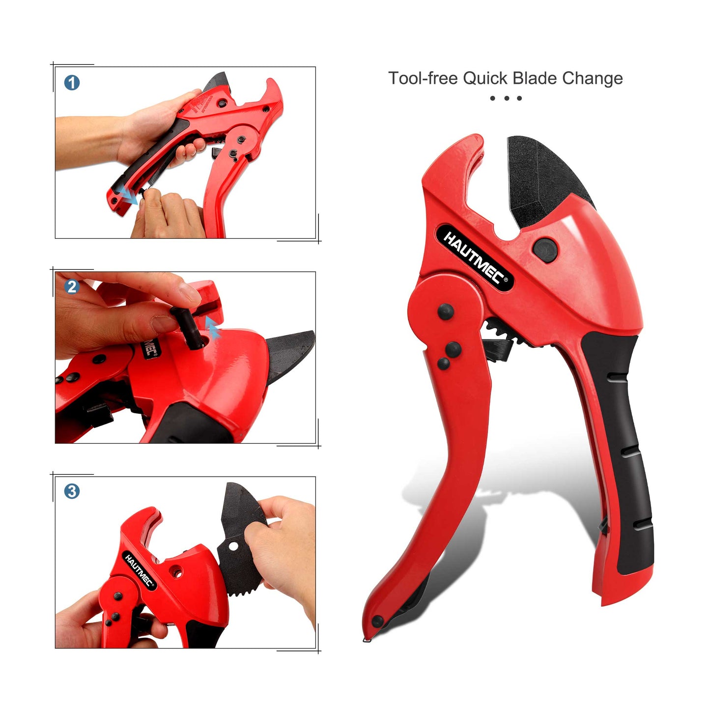 HAUTMEC Multifunction Ratchet-type Tube and Pipe Cutter, One-hand Fast Pipe Cutting Tool for Cutting Up to 1-5/8 inch, 3-in-1 Tubes, Wire and Trunking cutter HT0257-TC