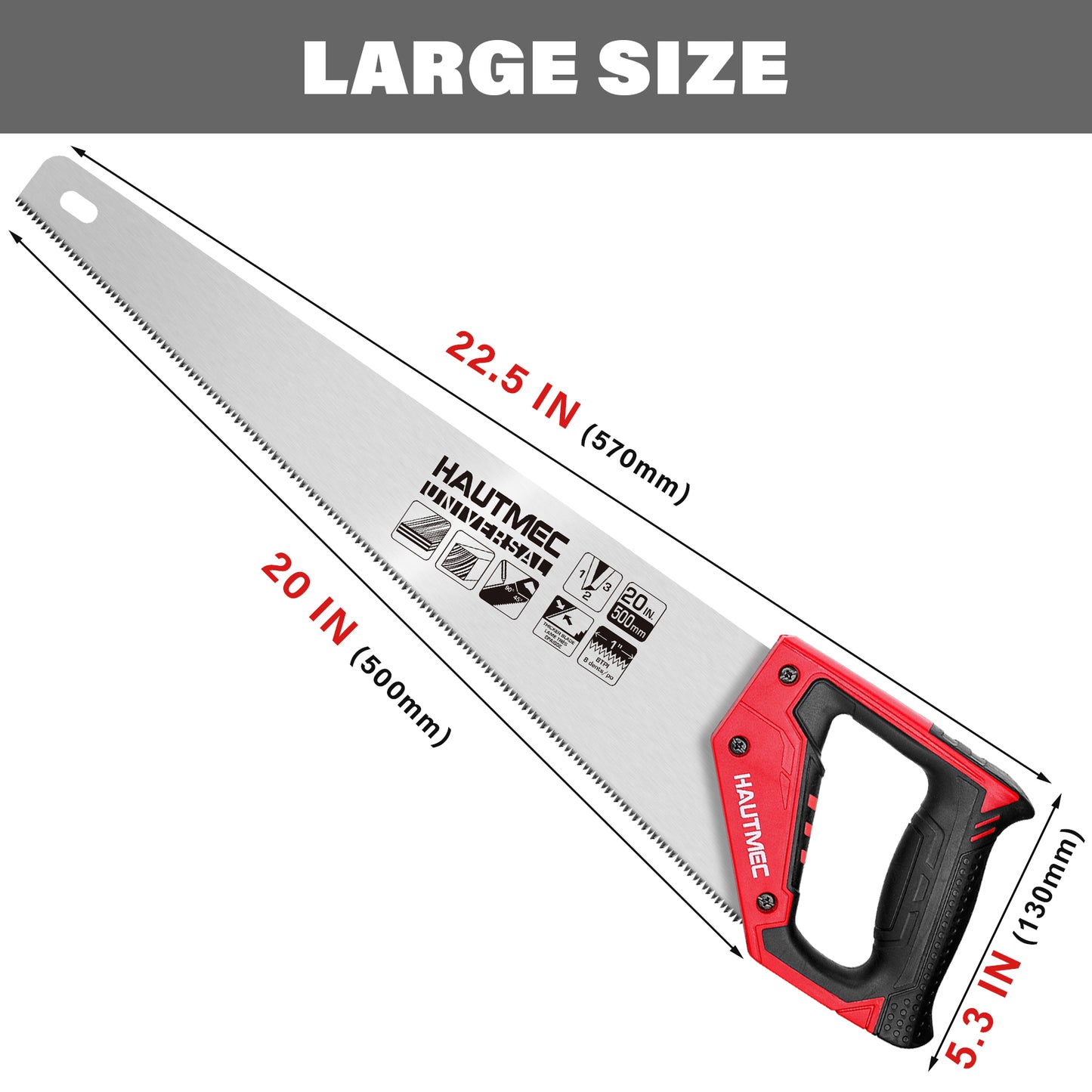 HAUTMEC 20 in. Pro Hand Saw, 8 TPI/9 PPI Universal-Cut Soft-Grip Hardpoint Handsaw HT0025-SA