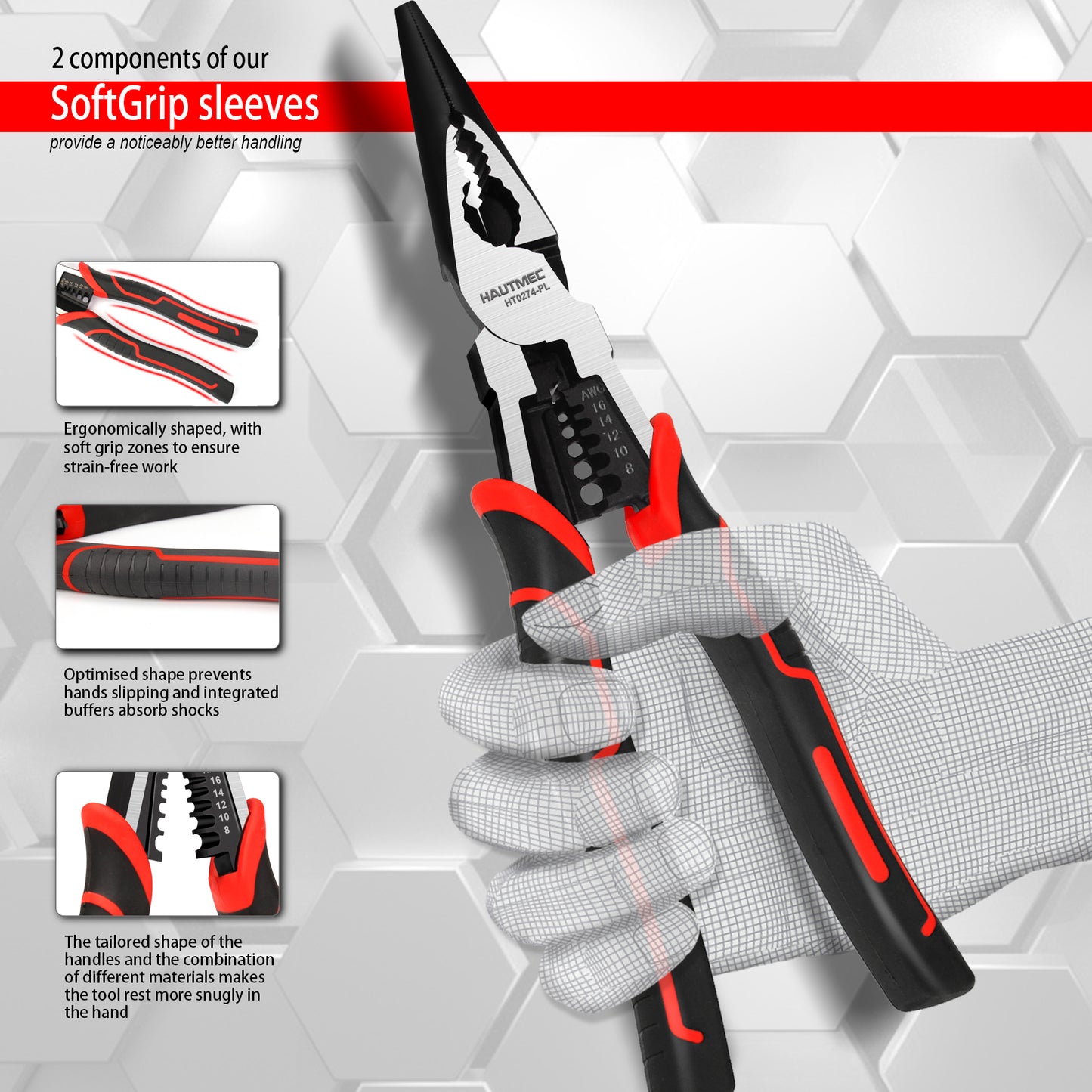 HAUTMEC 9" Needle Nose Pliers,High Leverage Combination Pliers 4 in 1 Multifunctional Heavy Duty Long Nose Pliers HT0274-PL