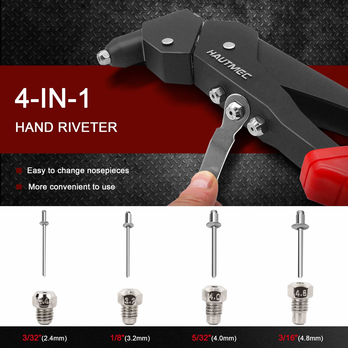 HAUTMEC Pop Rivet Gun,360° Swivel Head Hand Rivet Tool with 4 Manual Interchangeable Rivet Heads HT0128-HR