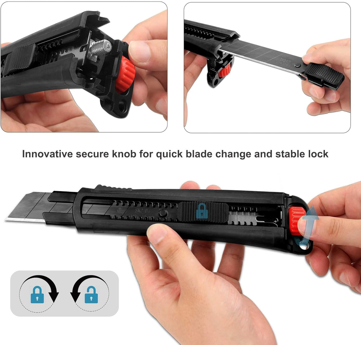 HAUTMEC 25mm Extra Heavy Duty Utility Knife with Double Lock Mechanism, Auto-Lock and Ratchet- Lock for Double Safety, SK2 Sharp Black Blade for Industrial or Construction Applications HT0254-KN