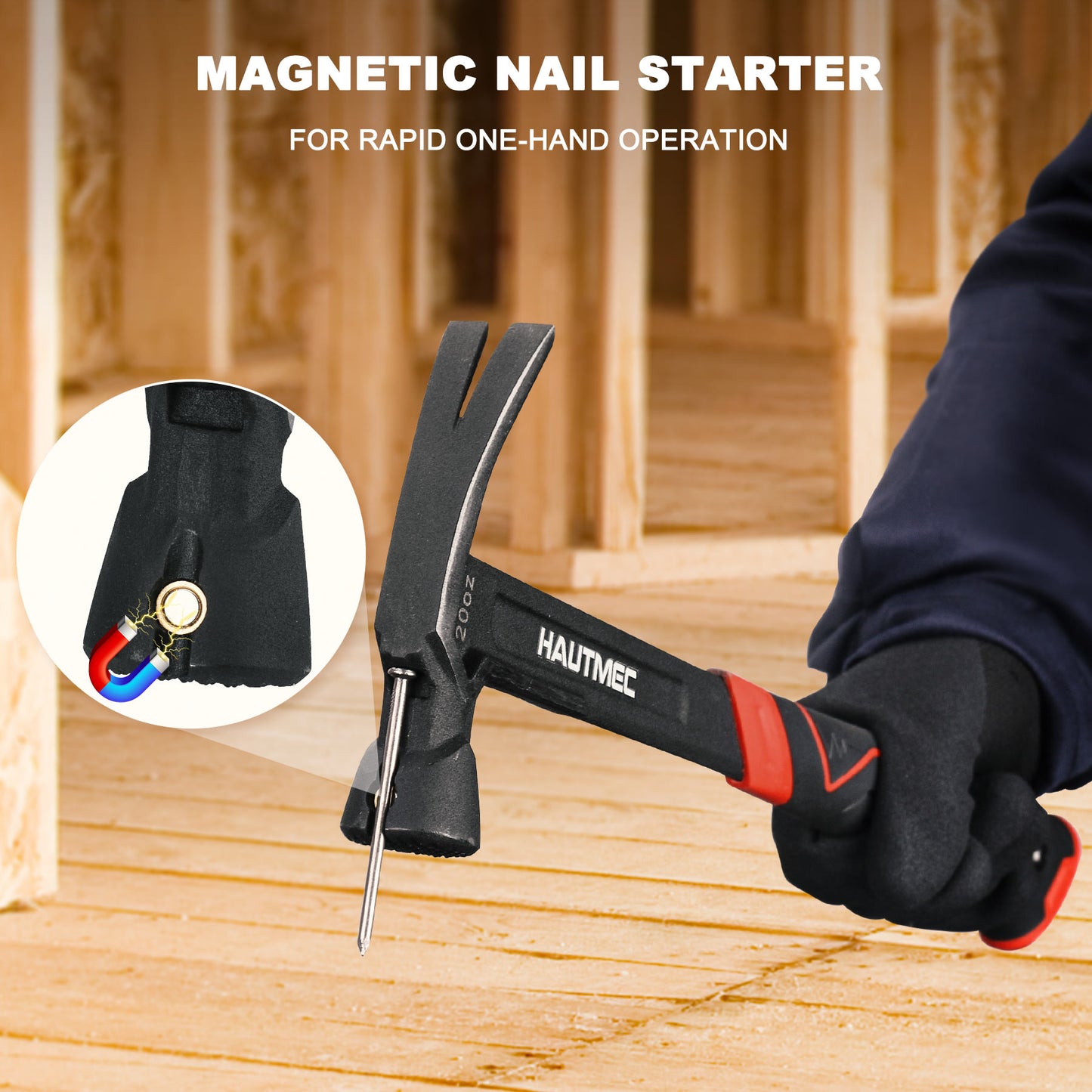 HAUTMEC 20 oz. One Piece Forged Framing Hammer With Straight Rip Claw, Milled Face, Shock-Absorbing Grip, with Magnetic Nail Holder, HT0371-HM