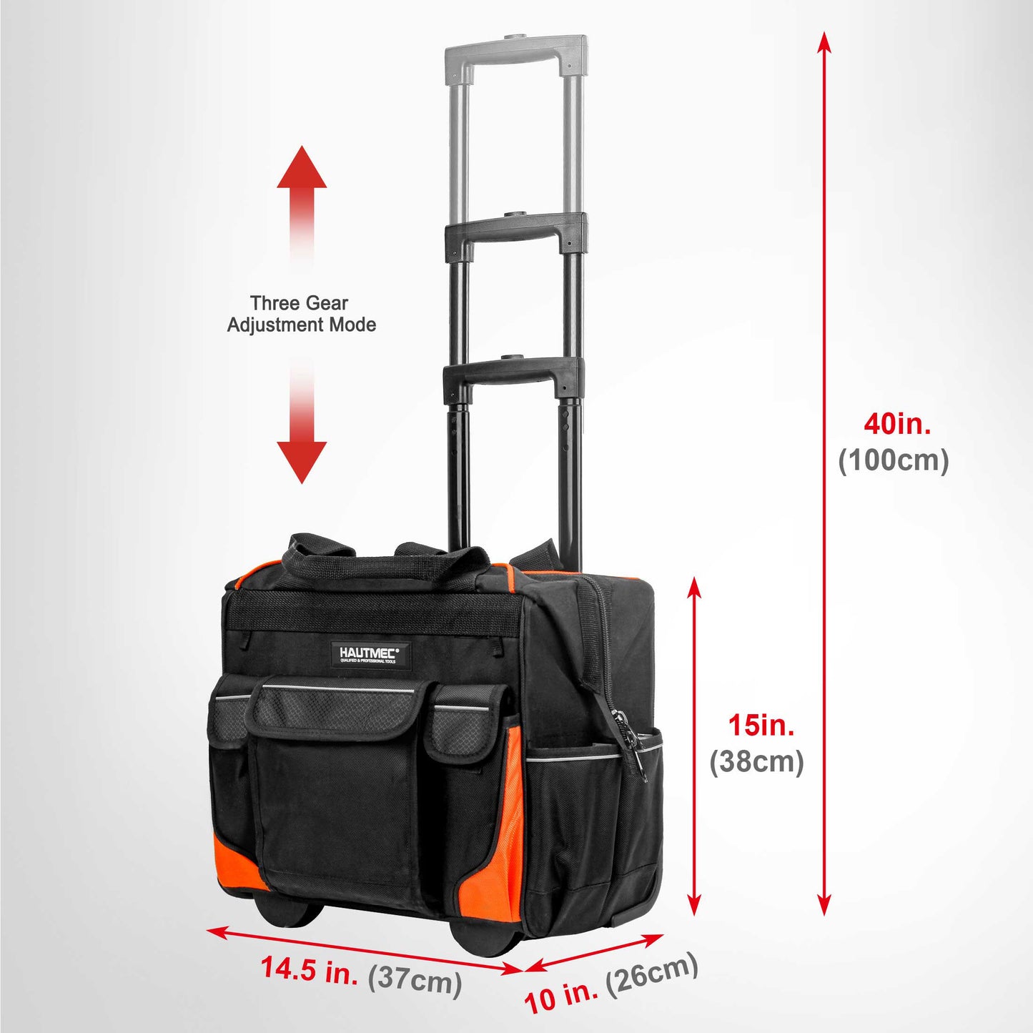 HAUTMEC 14.5" Rolling Tool Bag With Wheels Portable Tool Bag With Adjustable Telescoping Handle Wide Mouth Storage Organizer Perfect Mens Gifts, 600D Orange,HT0353