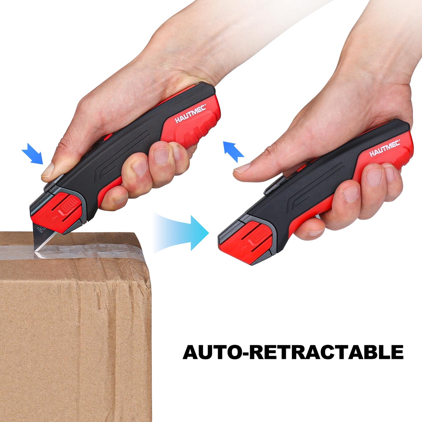 HAUTMEC Safety Self Retractable Utility Knife, Professional Heavy Duty Box Cutter With Extra 3 Black Sk2H Blades, Tool-free Blade Change, Safety Knife for Work HT0414-KN