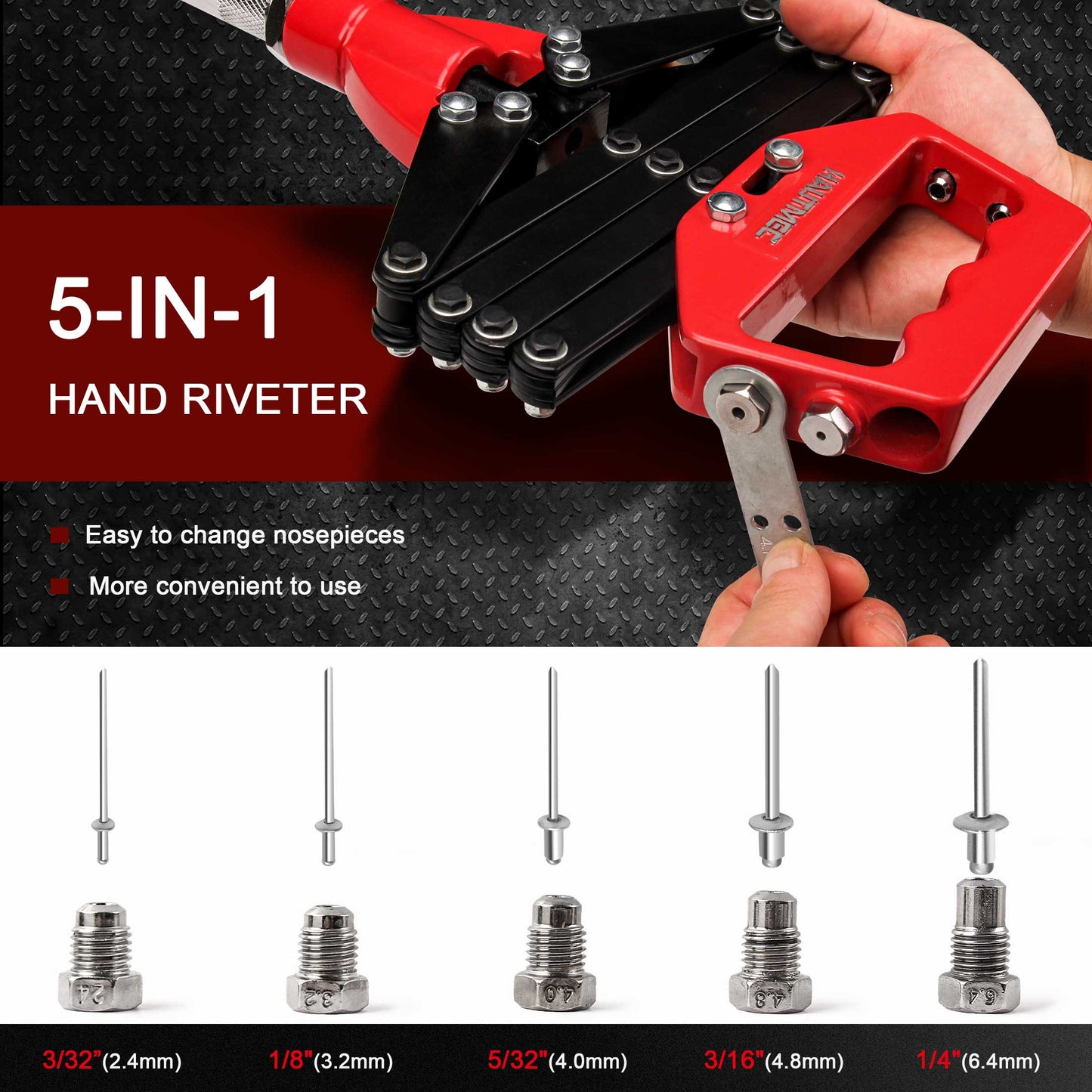HAUTMEC Expert Heavy-Duty Lazy Tong Pop Riveter With 5 Replaceable Nosepieces, Single pull Action Riveter, Fast Riveting for industrial use HT0130-HR