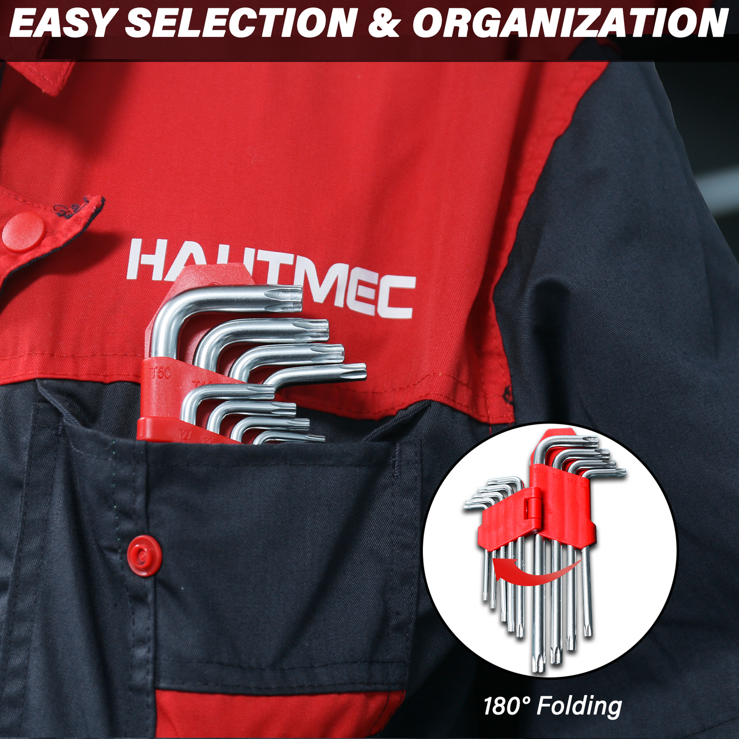 HAUTMEC Star Key Wrench Set, 9-Piece Torx Star Wrenches- Chrome Vanadium Steel and Drilled tips for Tamper Resistant Fasteners, HT0222-SS