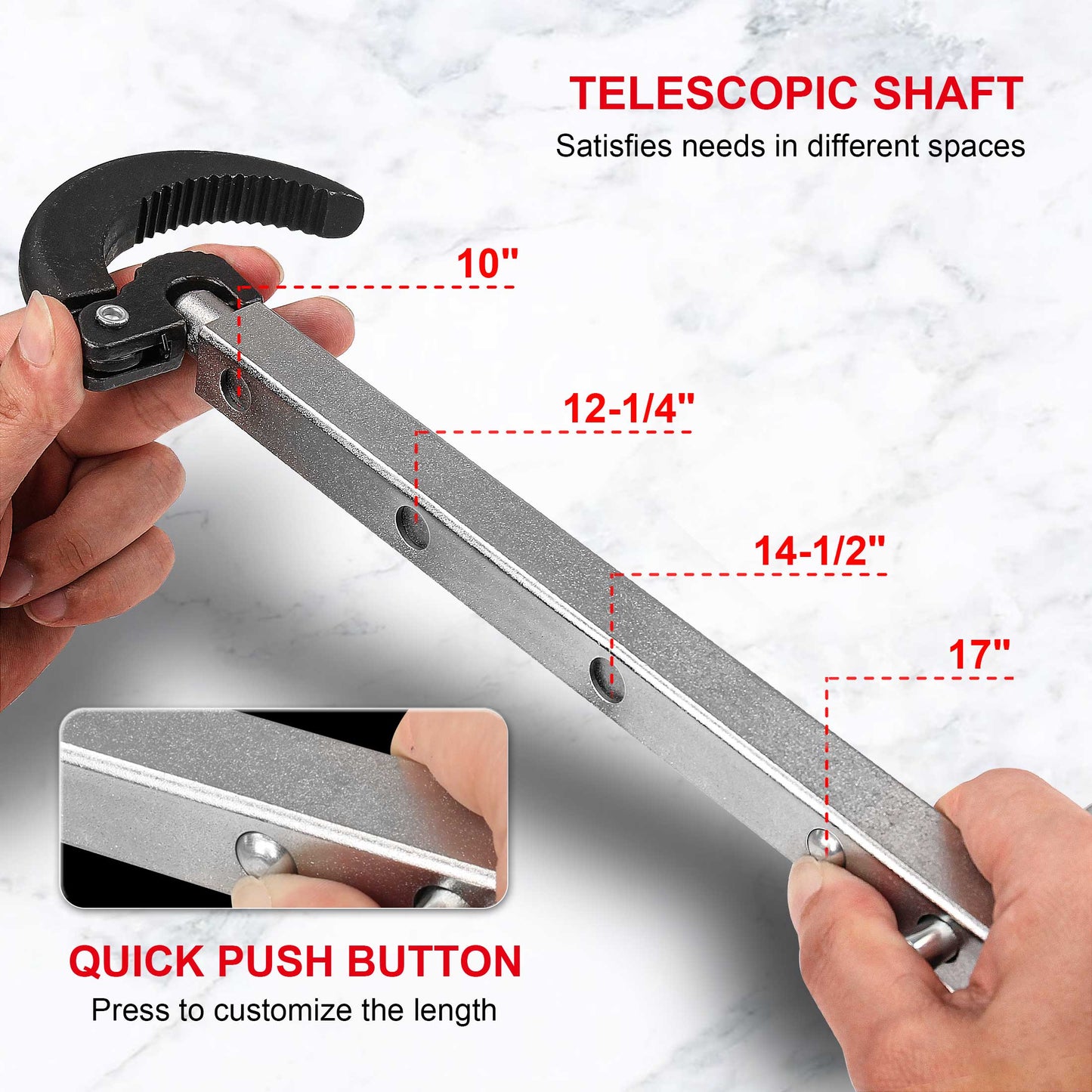 HAUTMEC Pro Telescoping Basin Wrench with 7/8" to 2-1/2" Jaw Capacity, 10" to 17" Extendable Handle, Steel Sink Faucet Remover, Tap Nut Spanner in Tight Spaces PL0027