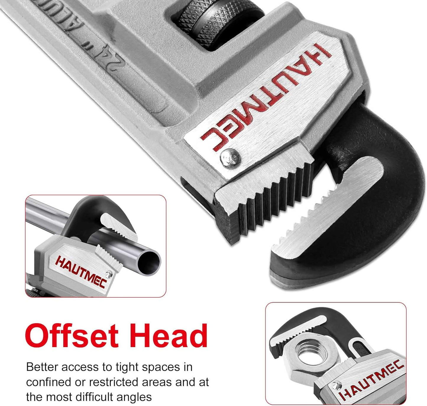 HAUTMEC 24 Inch Heavy Duty Aluminum Straight Pipe Wrench, Adjustable Plumbing Wrench, 3" Jaw Capacity, for Pipes, Tees, Ball Valves and Other Objects HT0187-PW