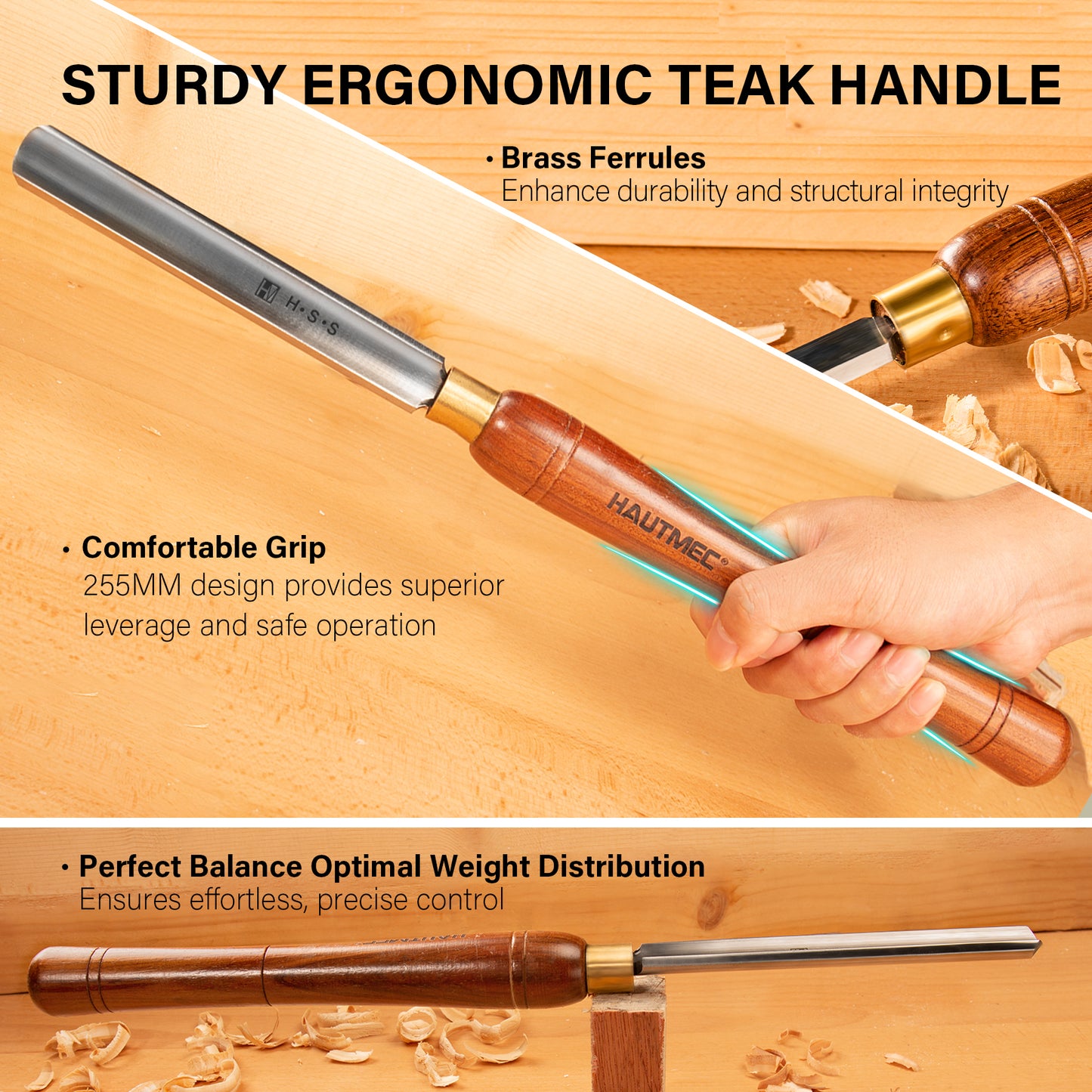 HAUTMEC Professional HSS Wood Turning Chisel Set 8 Pcs, Lathe Chisel Set with 3 Gouge 2 Skew 1 Spear Point 1 Parting 1 Round Nose Tools with 1680D Tool Bag for Professionals and Beginners - HTWCH25028