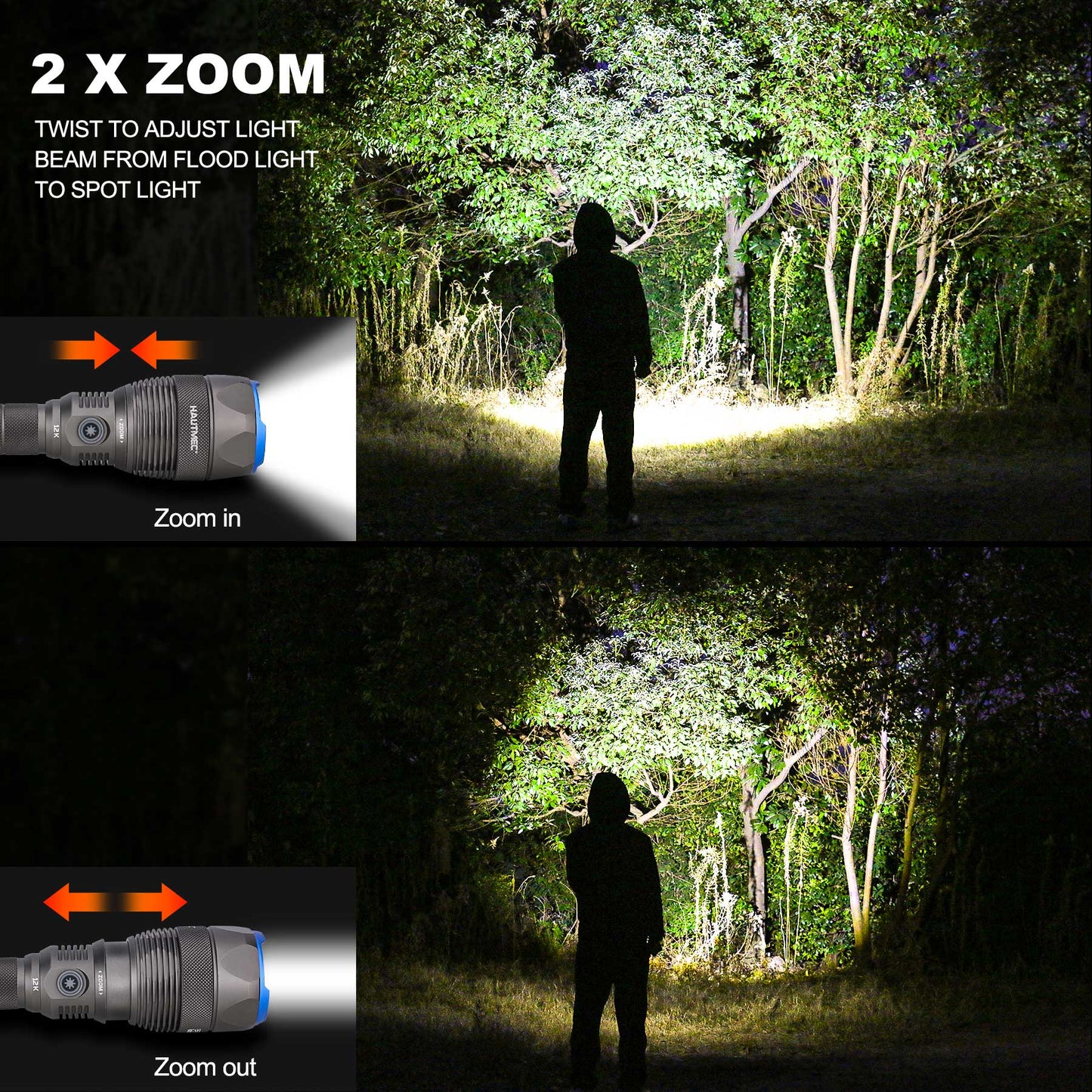 HAUTMEC Rechargeable Flashlights 12000 High Lumens Flashlight, 5 Light Modes Bright Flashlight, 2X Zoom, IP67 Waterproof & Impact-Resistant, and Power Bank, for Emergencies, Hunting, Camping, Hiking, HT0386
