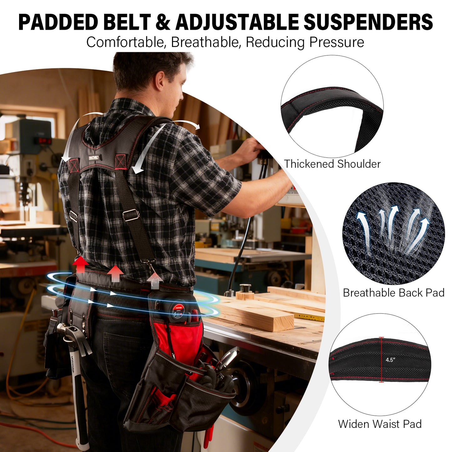 HAUTMEC Professional Tool Belt with Suspenders, 19 Pockets, Heavy-Duty 1680D Work Belt with Adjustable Padded Waist & Shoulder Support, Phone Pouch, Hammer & Tape Holder – HT0400
