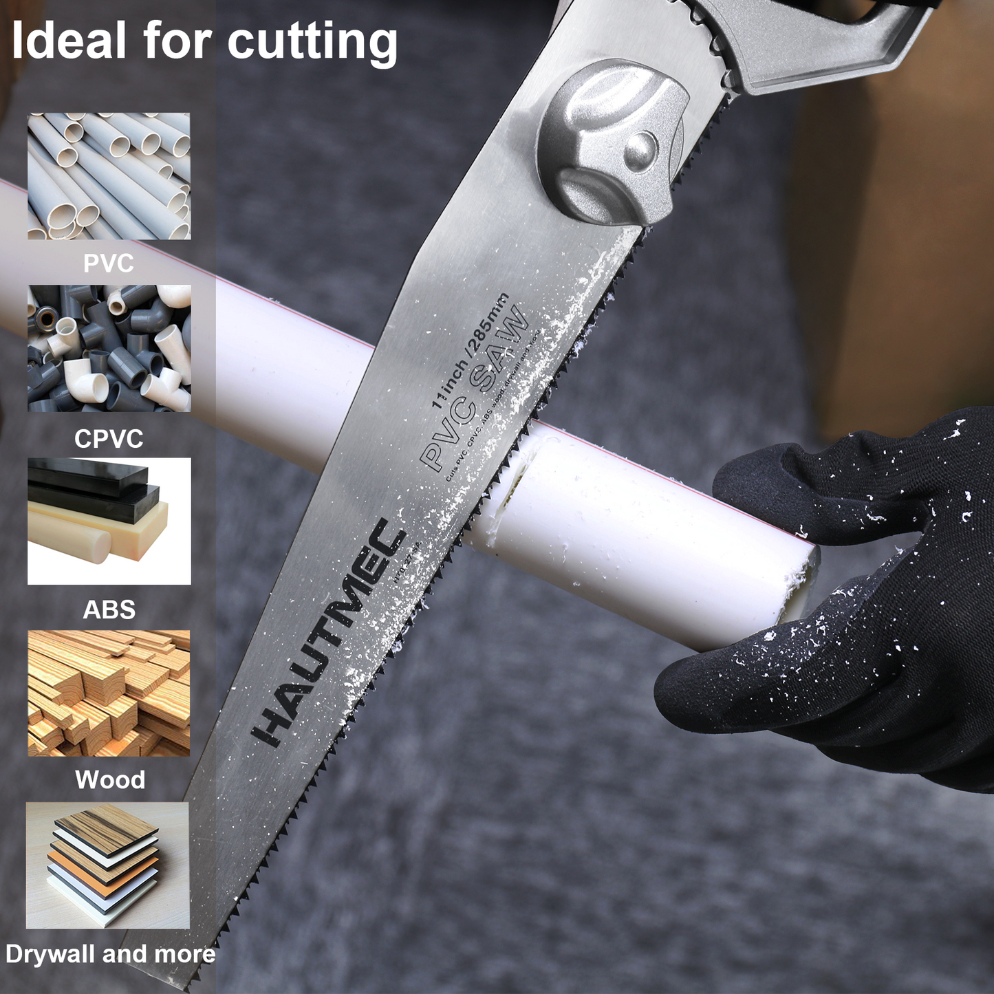 HAUTMEC Heavy Duty 11-Inch PVC/ABS Pipe Saw And General Purpose Hand saw, Adjustable Cutting Angle, For Cutting Pipe In Tight Spaces, for Trimming, Gardening, Wood, Drywall, And Plastic HT0027-SA