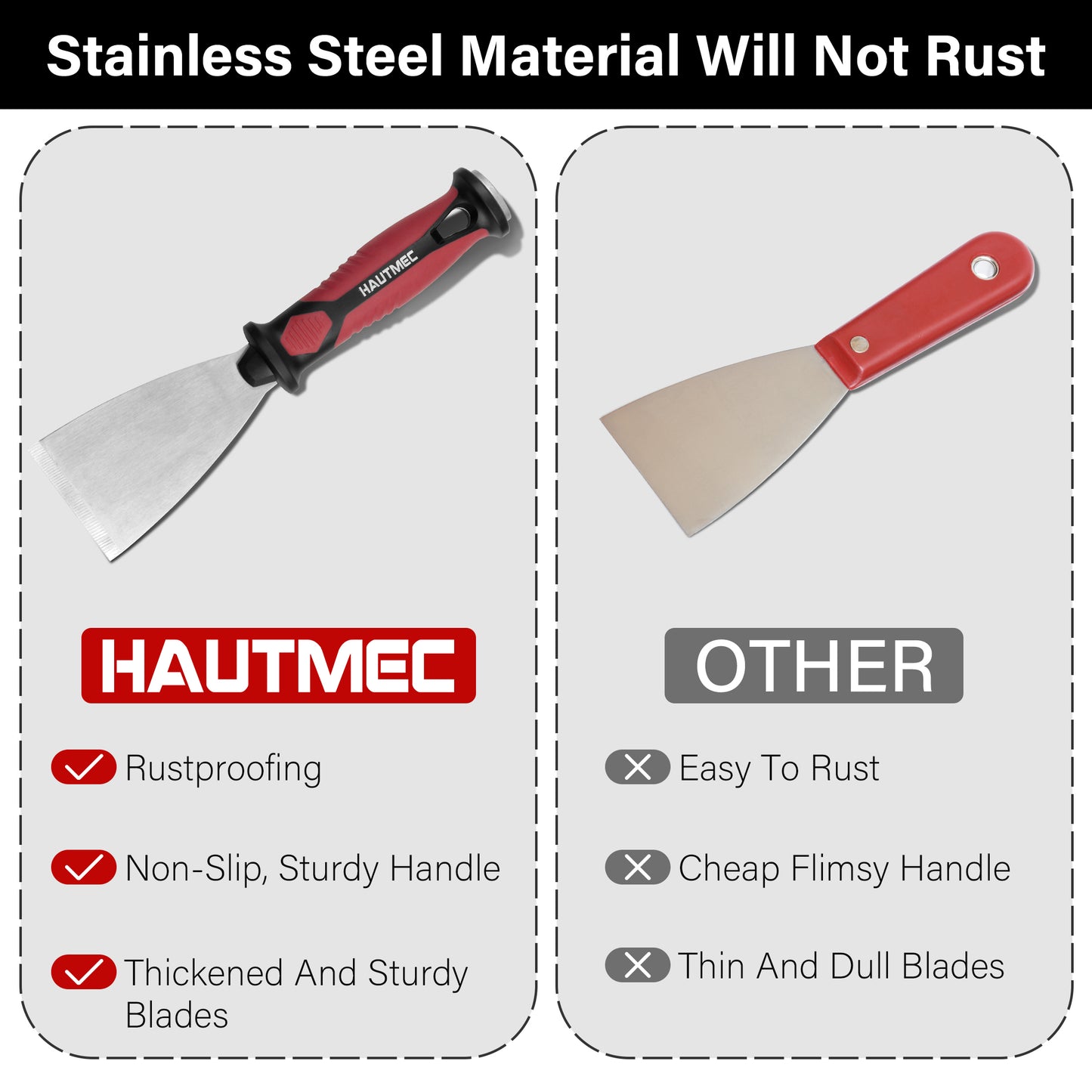 HAUTMEC 3pc Putty Knife Set, 1.25 in - 2 in - 3 in Paint Scraper, Flat Heavy Duty Stainless Steel Blade and Hammer End for Removing Wallpaper for Puttying Plaster, Cement HT0062