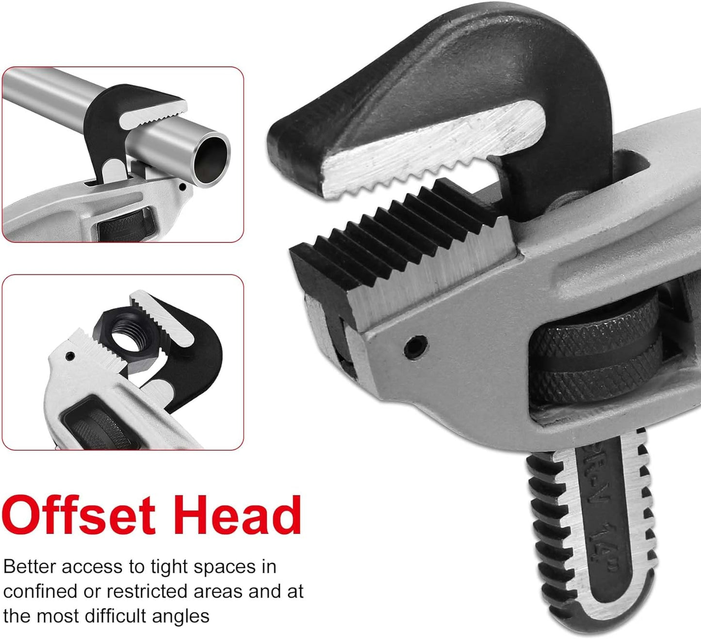 HAUTMEC 14 Inch Aluminum Offset Pipe Wrench, Heavy Duty Adjustable Plumbing Wrench, 2" Jaw Capacity, 40% Lighter Drop Forged Construction, for Use in Tight Spaces HT0189