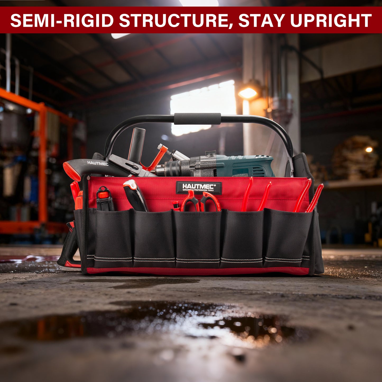 HAUTMEC 3PCS Heavy Duty Tool Tote Bag Set, 1680D Rigid Frame Tool Bags with Foldable Handle & Padded Shoulder Strap, Water-Resistant Hard Base, Multi-Pocket Tool Box Organizer – HTTBH25052