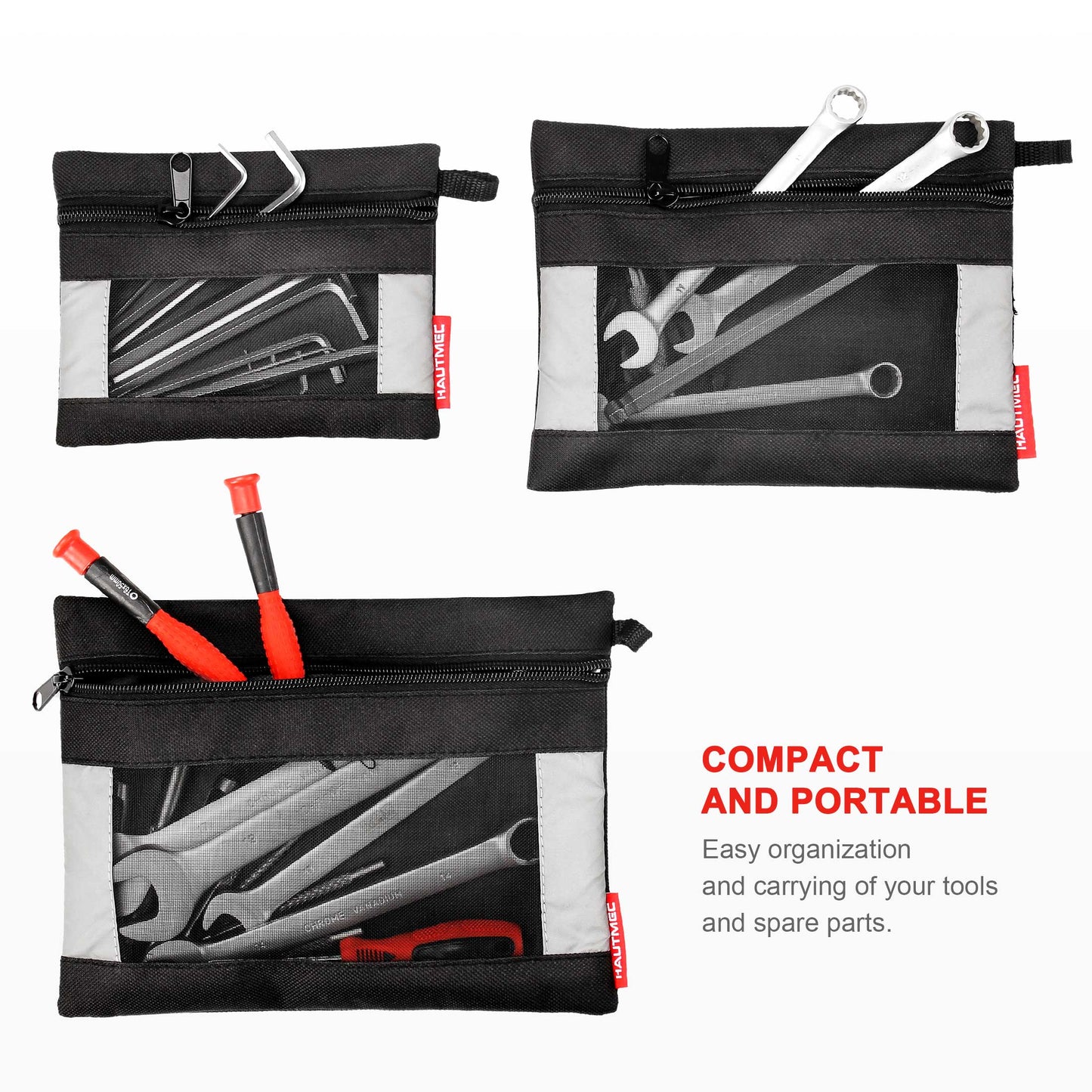 HAUTMEC 3 Pieces Small Tool Pouch, Multi Function Zippered Tool Poly Bag with Mesh Window, Heavy-Duty Clip Organizer HT0126-TB