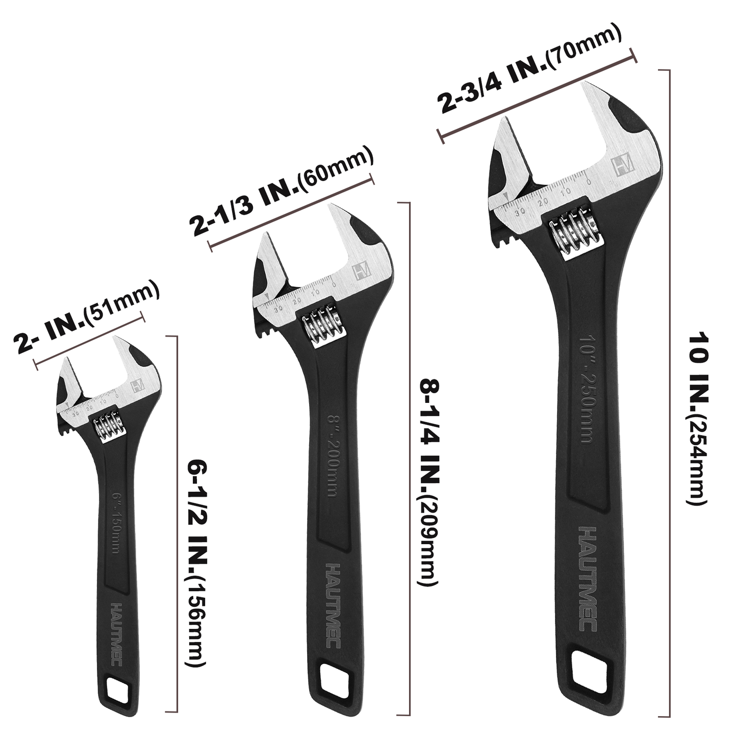 HAUTMEC 3PCS Adjustable Wrench Set Extra Wide Jaw Black Finish Adjustable Wrenches Drop-Forged CR-V Steel Metric & SAE Scales 6 in. 8 in. 10 in. for Home Garage Workshop DIY,HT0422