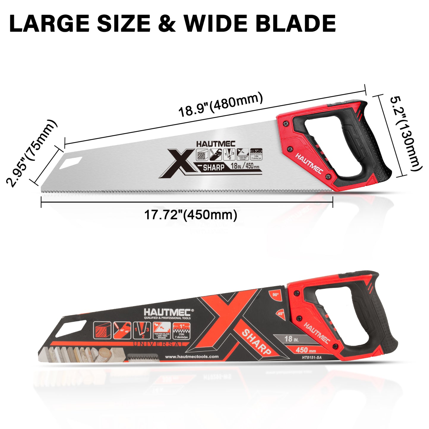 HAUTMEC X-Sharp 18 in. Universal Hand Saw - 7 TPI Universal Cuts Wood Saw - Professional Universal Saws for Wood, Laminate And Plastic - Ripcut And Crosscut Saw, HT0151-SA