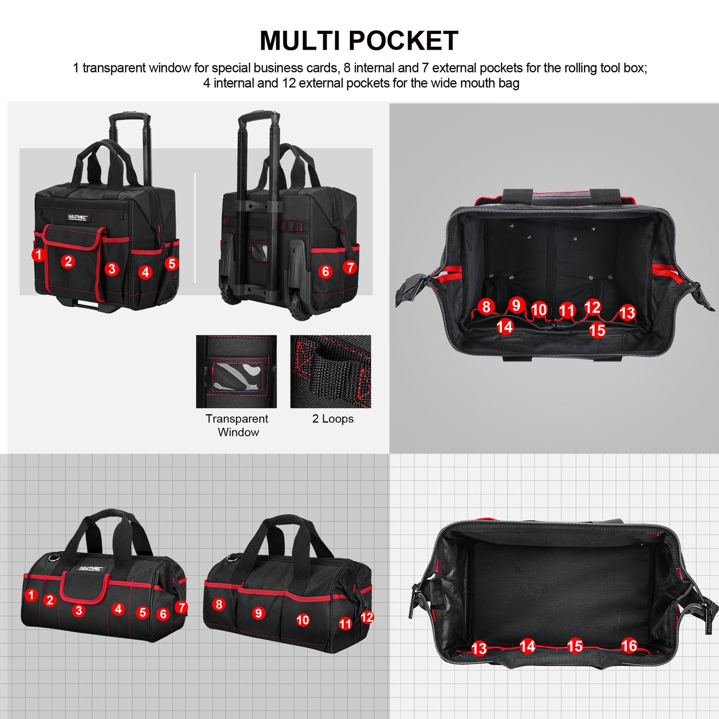 HAUTMEC 2PCS Tool Organizer Set, 15”Rolling Tool Bag with Wheel and 15" Wide Mouth Tool Bag,1680D Heavy Duty and Portable Rolling Tool Bag HT0288-TB
