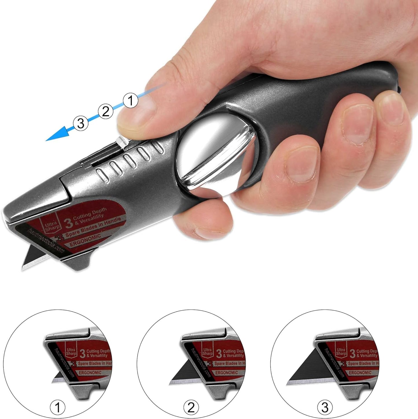 HAUTMEC Heavy-Duty Retractable Utility Knife, one-piece 3 Position Fixed Blade Box Cutter, Aluminum Alloy Shell with 3 extra blades HT0247-KN