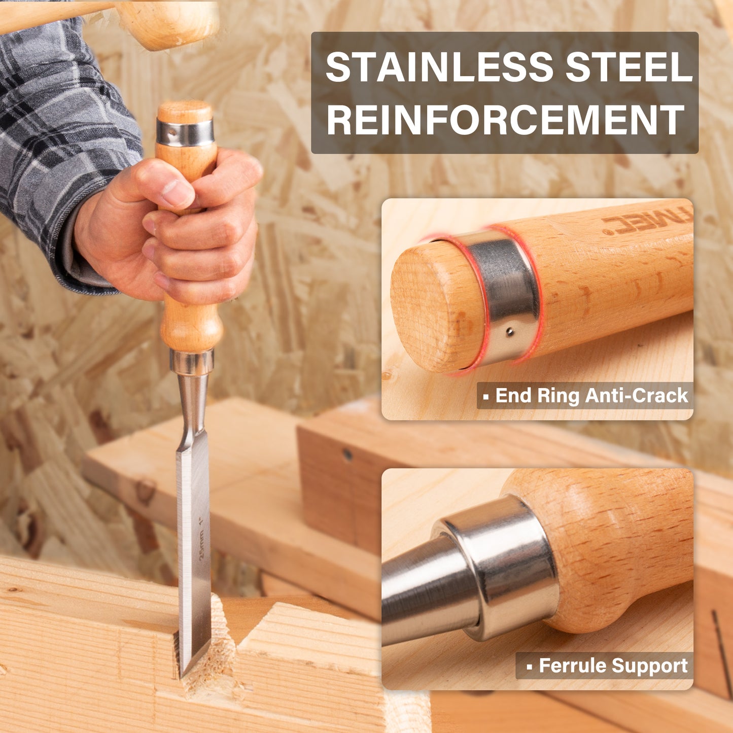 HAUTMEC 4PCS Wood Chisel Set for Woodworking, Carpentry Carving Tool with Bevel Edged Steel Blade, High Impact Handle for Woodcutting Sharpening HT0235-WW