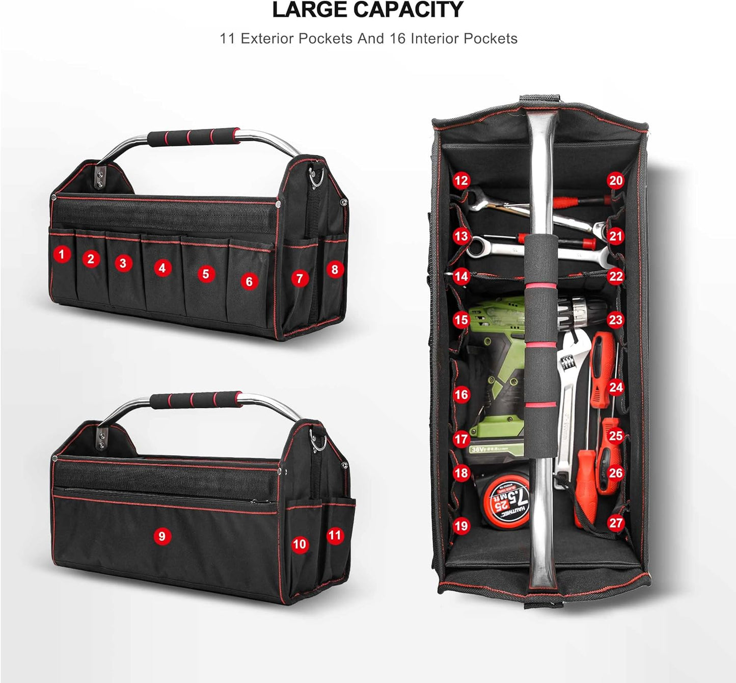 HAUTMEC Pro Foldable Open Top Tote Bag, 18-Inch 27 Pocket Tool Bag, Removable Shoulder Strap, Wide Mouth Heavy Duty Electrician Tool Bin for Tool Organization and Storage HT0020-TB