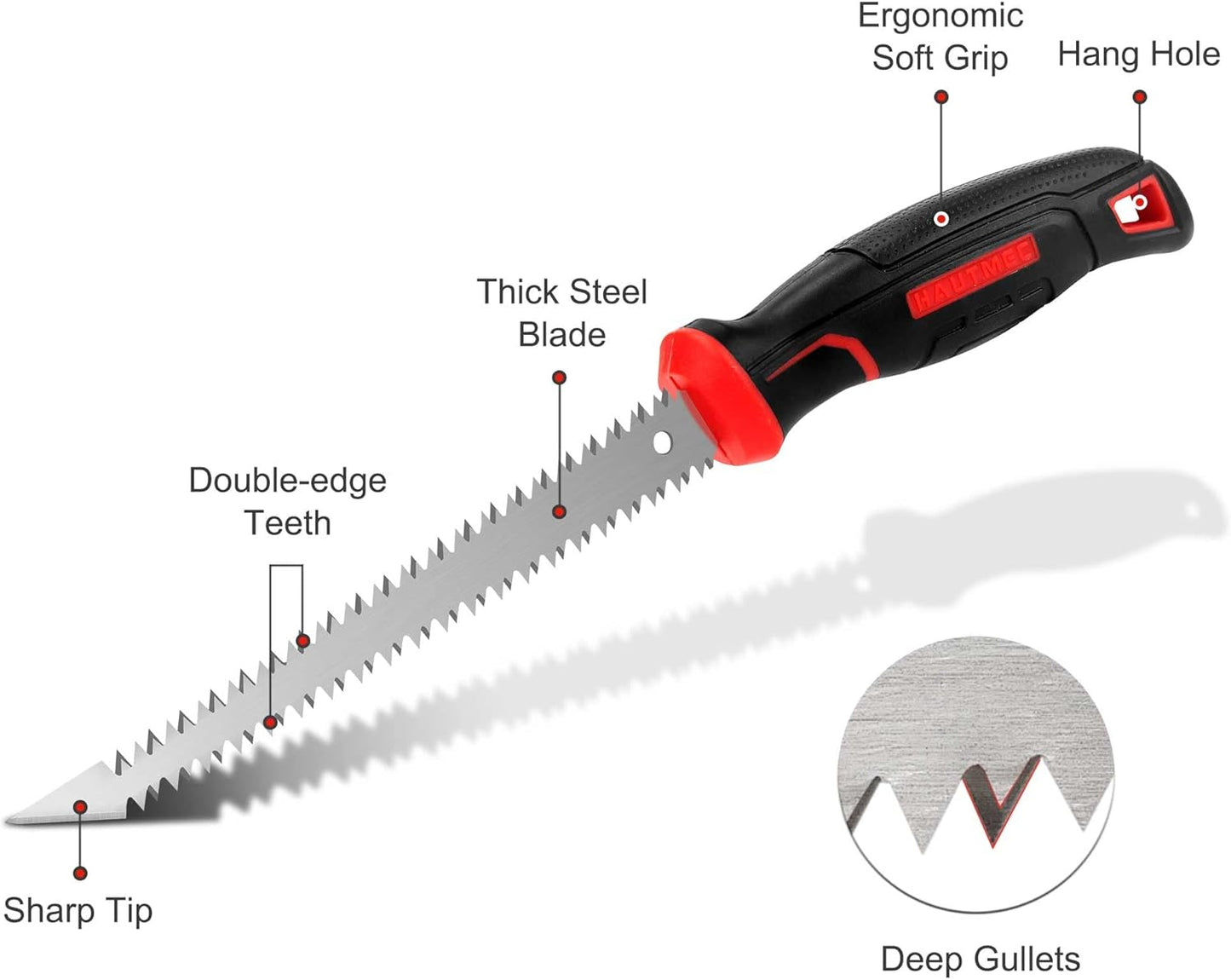 HAUTMEC 6-Inch Drywall/JabJab Saw with Soft Grip Handle and Sharp Tip, Double Edge Hand Saw for Wallboard, Drywall, Plywood, Plastic Cutting, Trimming, Gardening and Pruning HT0028-SA