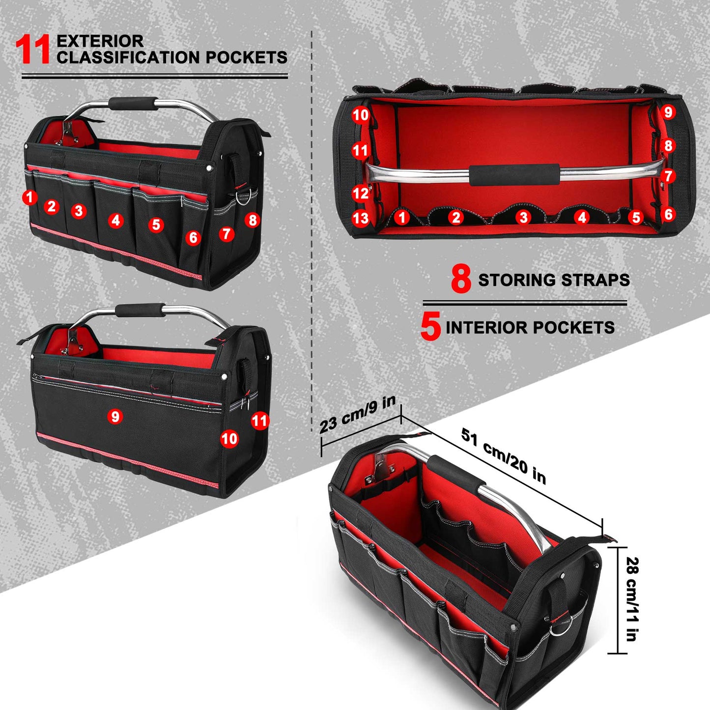 HAUTMEC 20-Inch Pro Tool Tote,Heavy Duty Wide Mouth Open Top Tool Bag with 1000D Waterproof Cover and Ajustable Shoulder Strap for Tool Organizer HT0296