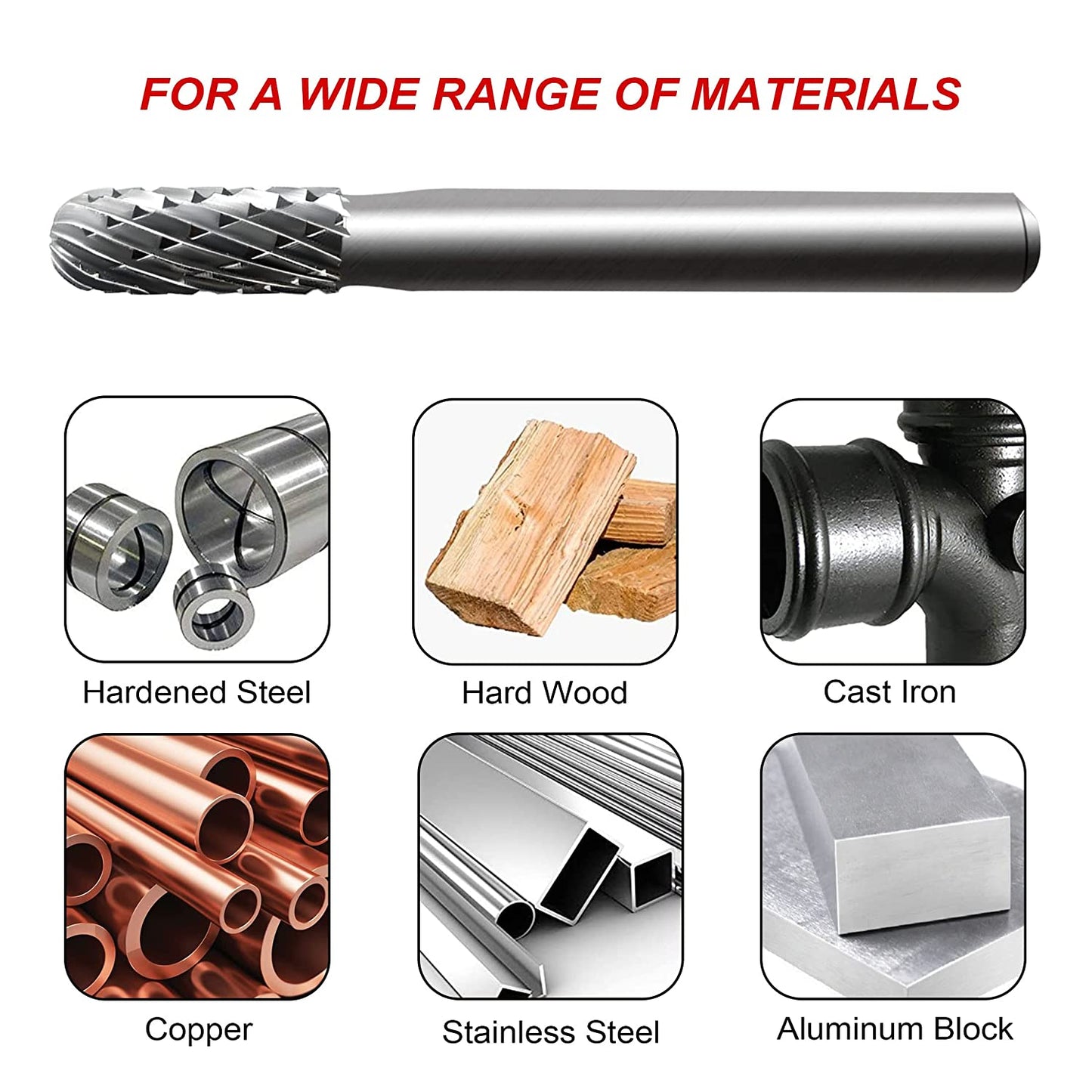 HAUTMEC Pro Ball Nosed Cylinder Tungsten Rotary File Carbide Burr 1/4" shank,1/4" head size Double Cut for Die Grinder Bit Woodworking,Drilling, Metal Carving, Engraving, Polishing HT0198-MC