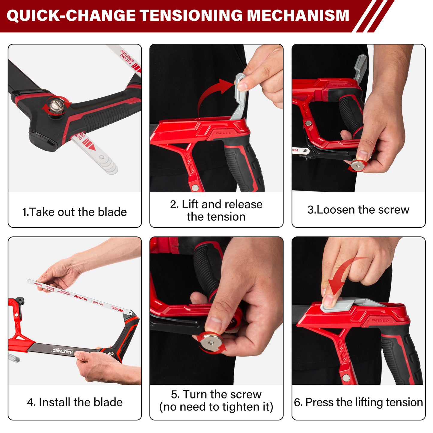 HAUTMEC 12" Fast Tension Hacksaw with Extra 5 HSS Blades, Heavy-Duty Aluminum Frame, Quick-Change Tension, Blade Storage, Pro Hack Saw with Dual Cutting Angles for Metal, PVC, Wood - HTHSH25034