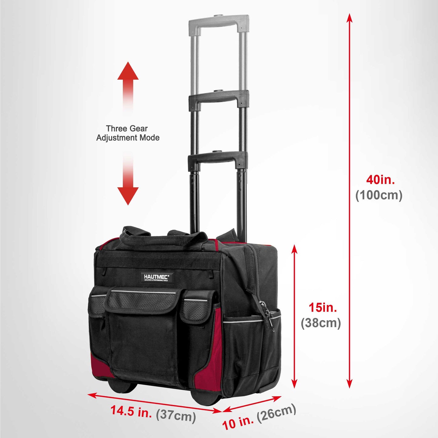 HAUTMEC 14.5" Rolling Tool Bag With Wheels Portable Tool Bag With Adjustable Telescoping Handle Wide Mouth Storage Organizer Perfect Mens Gifts, 600D Red, HT0179