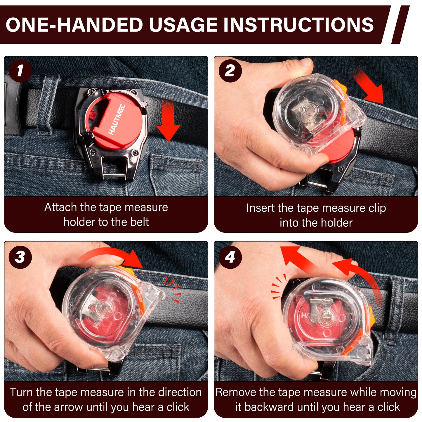 HAUTMEC Tape Measure Holder for Tool Belt Clip,Widen Locking Belt Clip up to 2-1/8" with Rotating Latch Tape Measure Clip Compact & Portable Measuring Tape Holder HTMEM25049